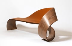 Pierre Renart Wave bench American walnut and Longchamp leather