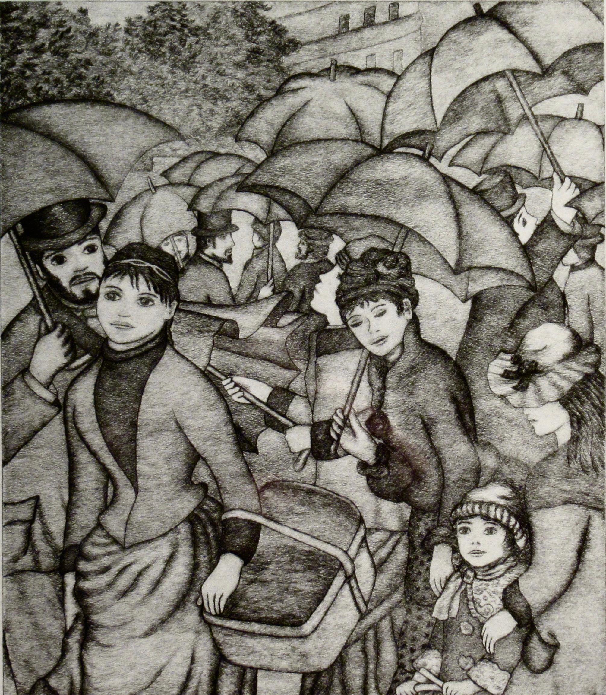 Bajo la lluvia - Figurative Print Beige de Pierre Roland Renoir
