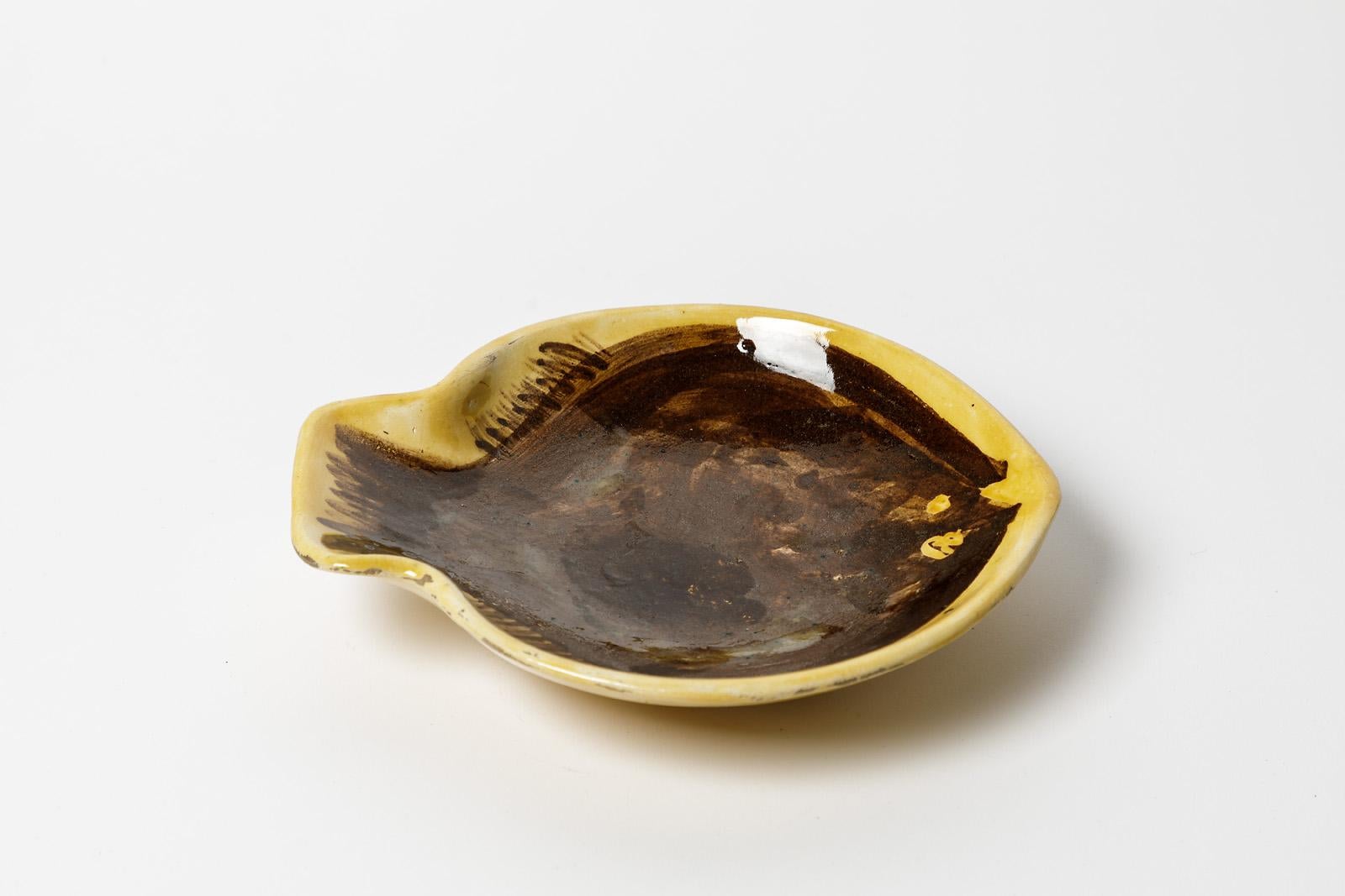 French Pierre Roulot Black and Yellow 20th Century Ceramic Dish or Wall Decoration 1958 For Sale
