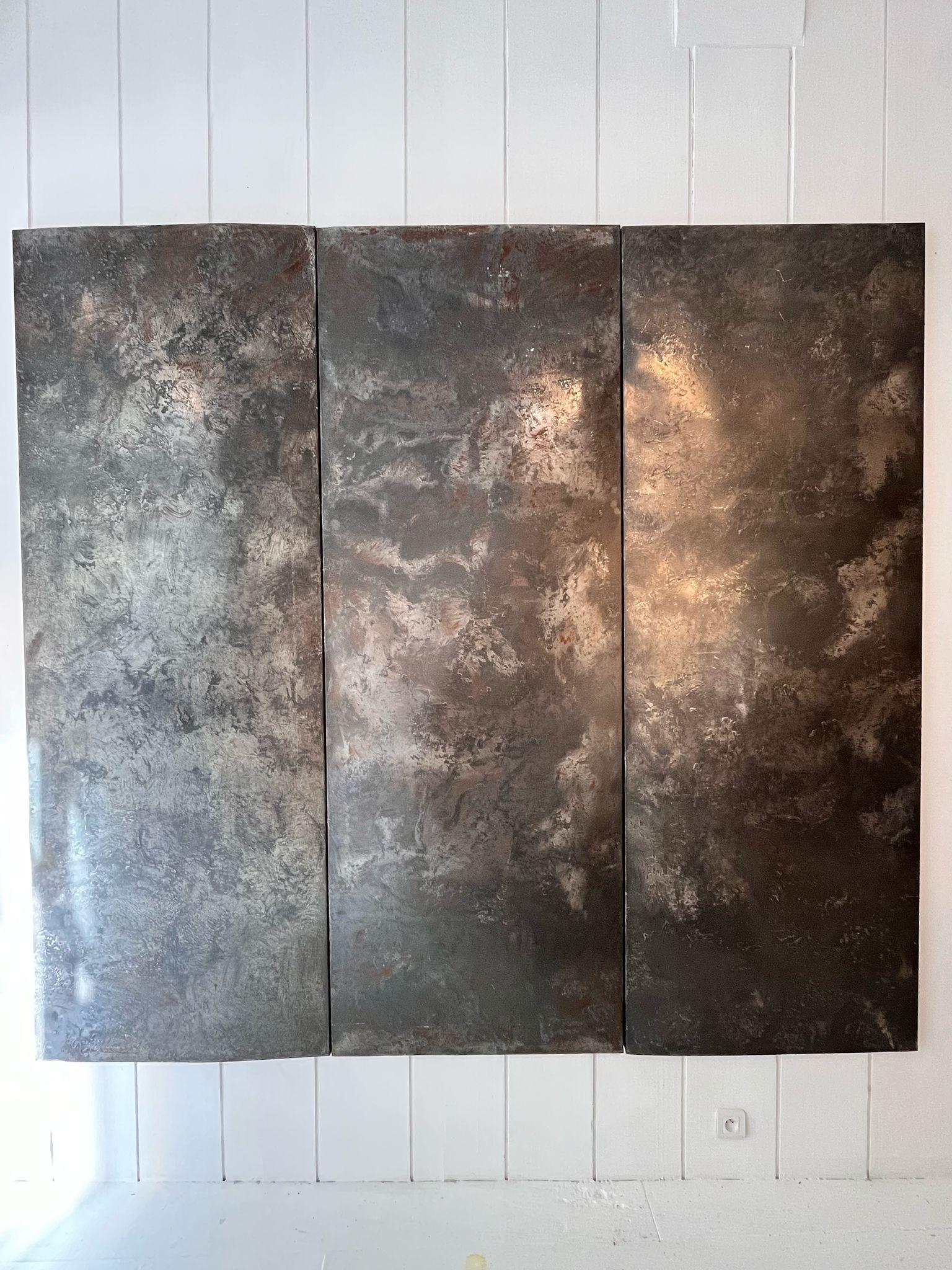 Pierre Sabatier Brutalistische Wandskulptur aus Stahl und Reinzinn, Frankreich, 1974 (Moderne der Mitte des Jahrhunderts) im Angebot