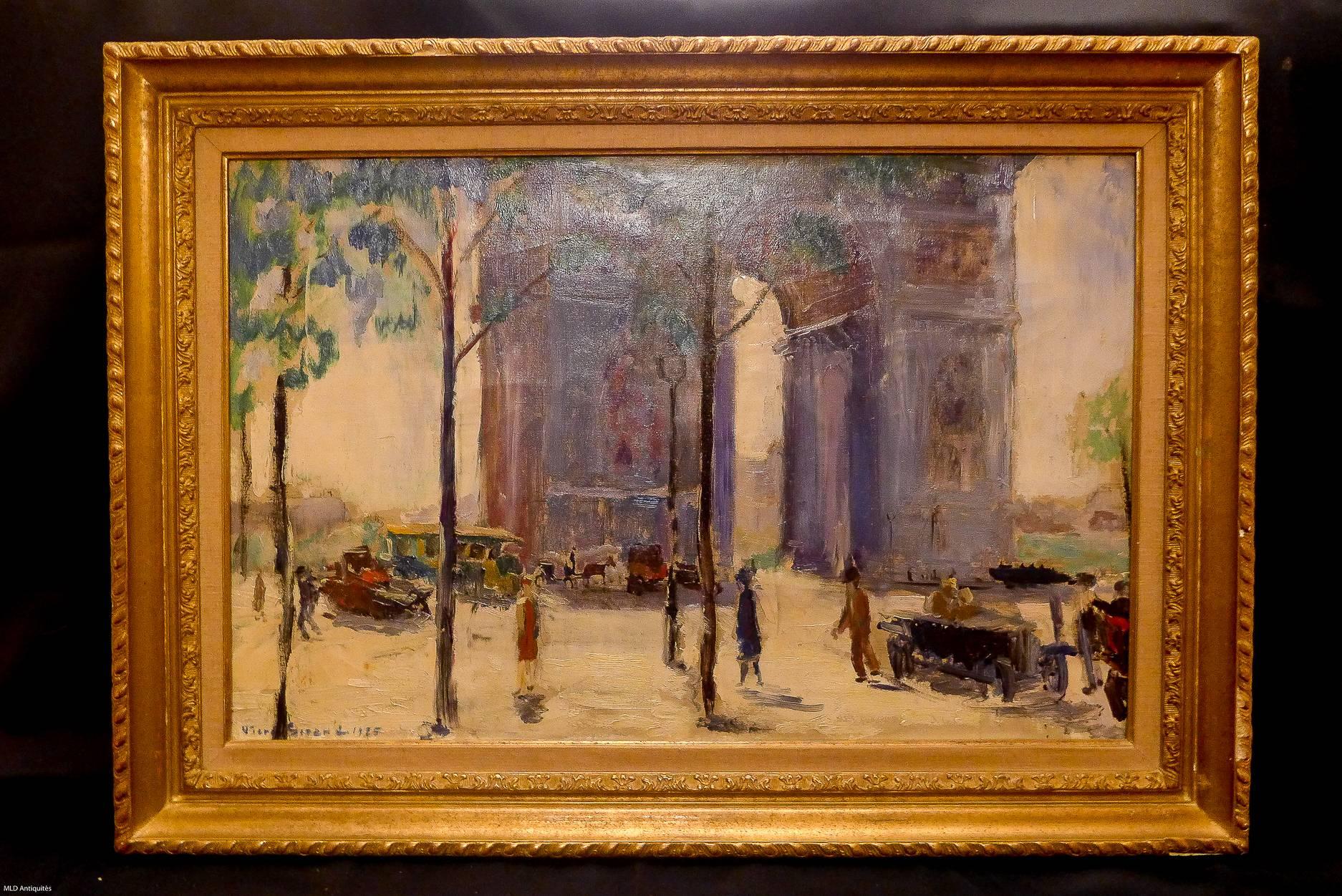 Un tableau fascinant et rare, représentant l'Arc de Triomphe à Paris, signé en bas à gauche par Pierre Sicard en 1925.

Cadre original en bois doré. Notre tableau est en excellent état d'origine.

Dimensions sans cadre : Largeur 30,31 pouces,