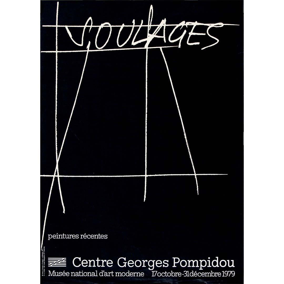 L'affiche originale de l'exposition de 1979 de Pierre Soulages annonce une présentation passionnante des peintures récentes de l'artiste au Musée national d'art moderne du Centre Georges Pompidou. À la fois outil promotionnel et œuvre d'art de