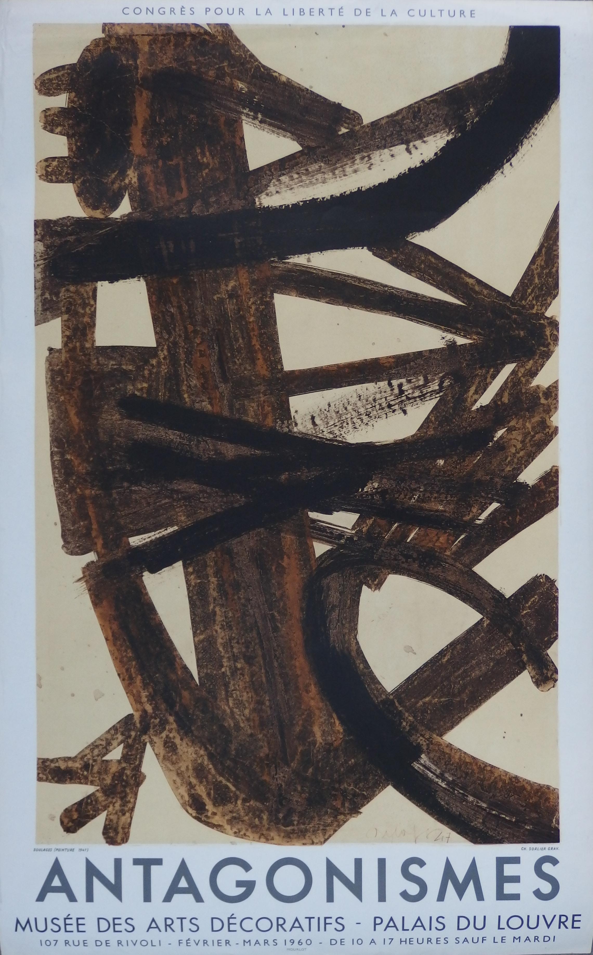 Pierre Soulages Abstract Print - Antagonism (Nut Husk Drawing) - Orignal lithograph, Mourlot 1960