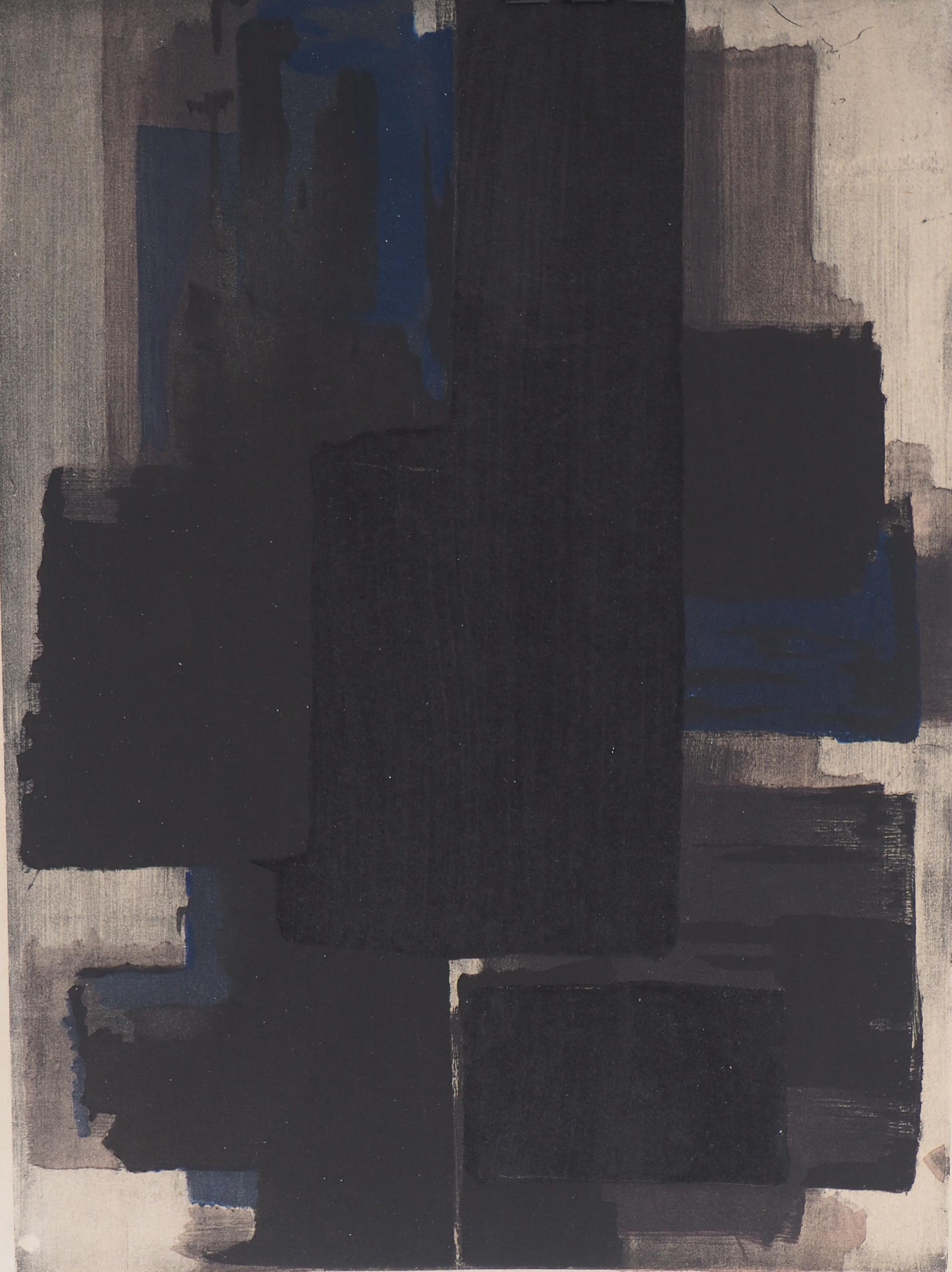 Composición en  Negro y azul - Litografía y plantilla, 1956 - Print de Pierre Soulages