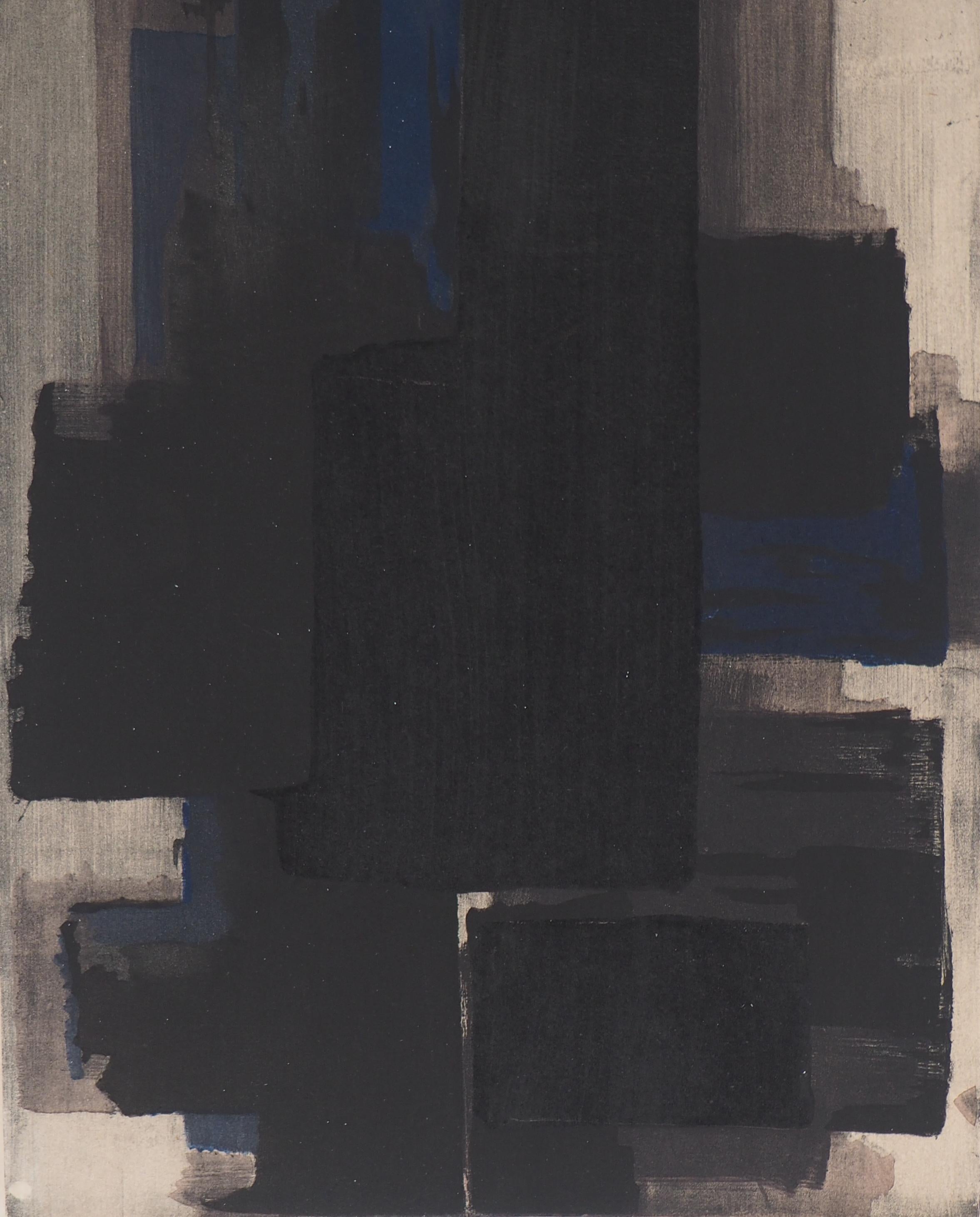 Composición en  Negro y azul - Litografía y plantilla, 1956 - Print Abstracto de Pierre Soulages