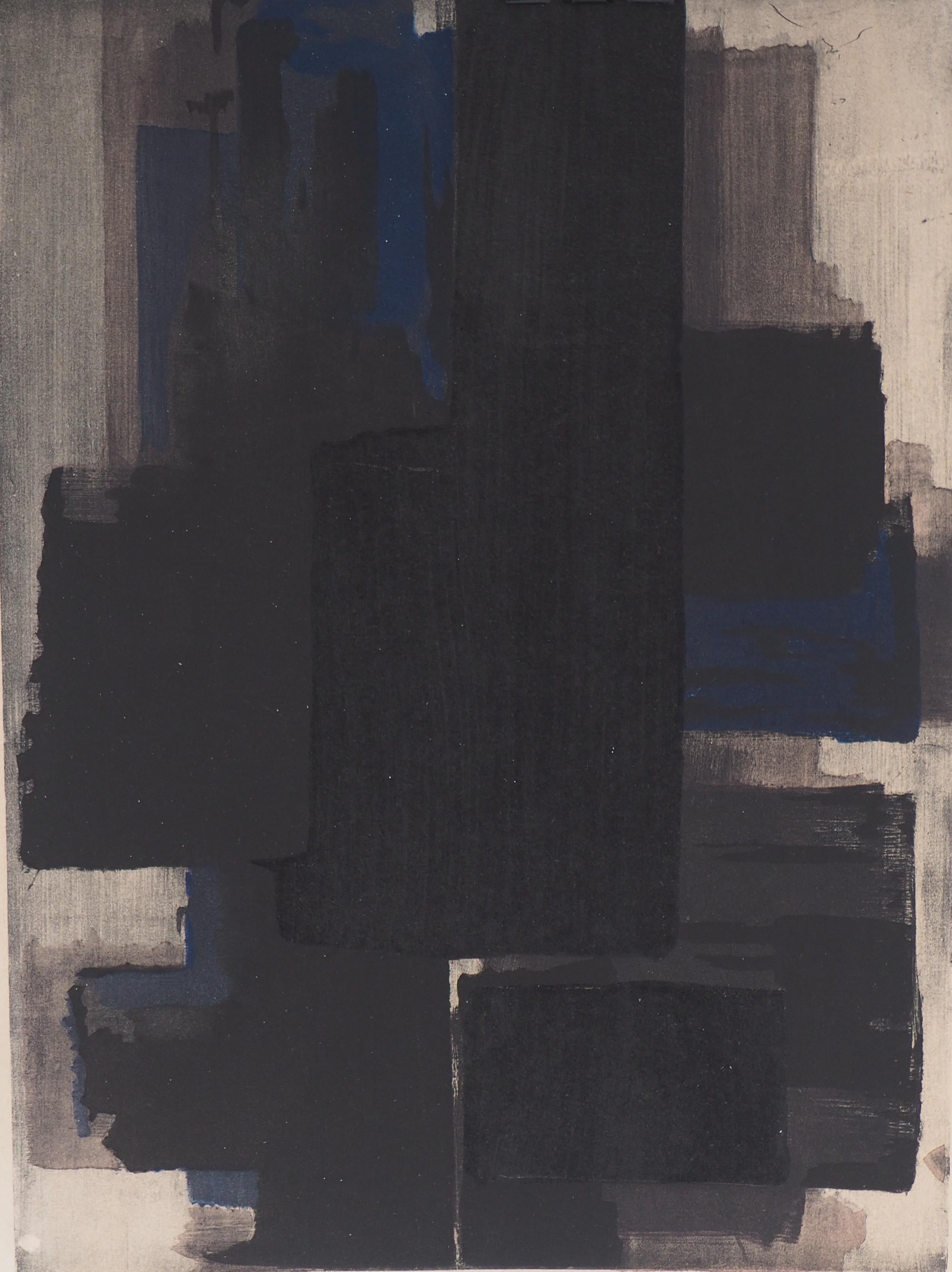 Composition in blue and black - Lithograph  and stencil, 1956 - Print by Pierre Soulages