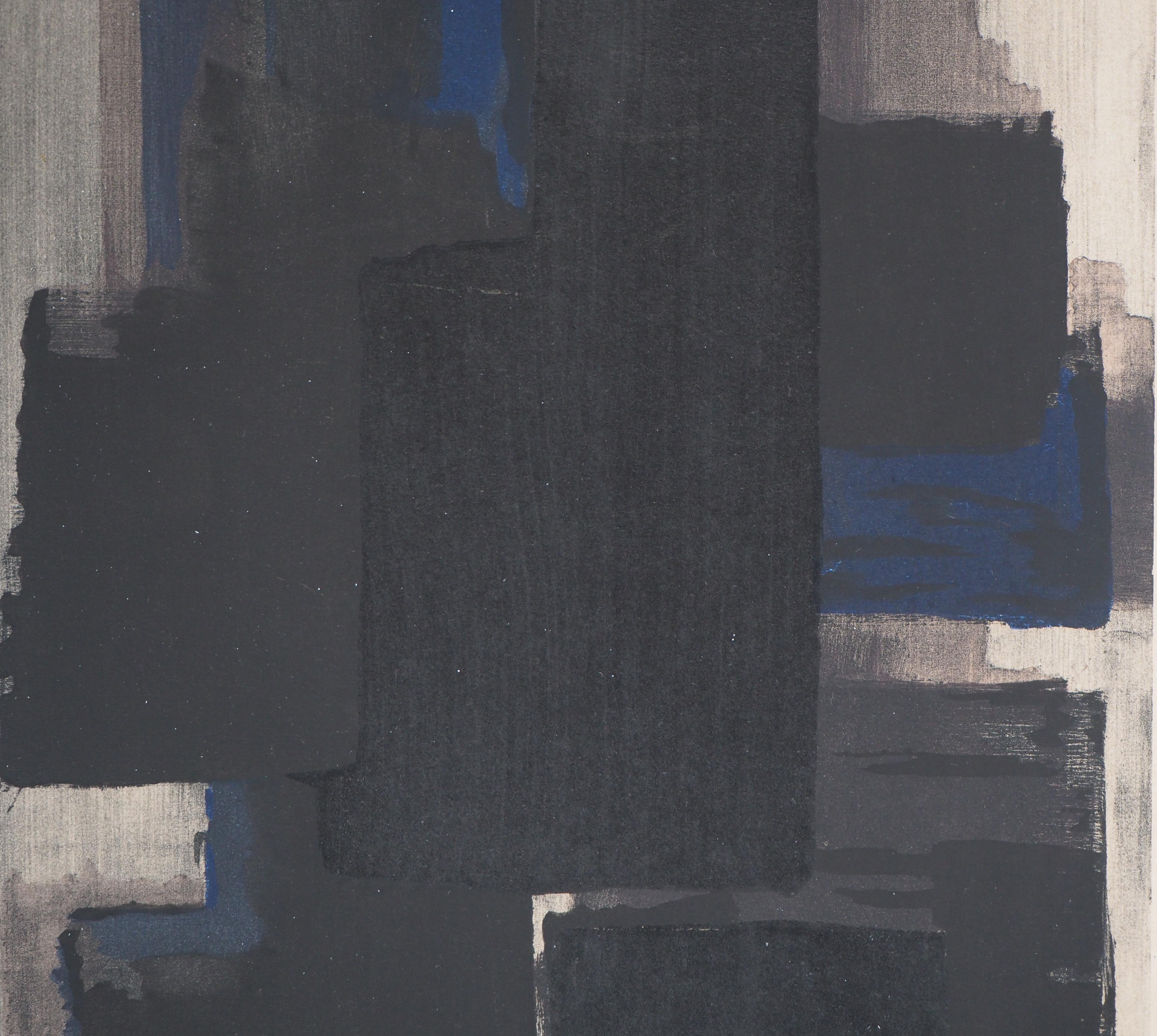 Composition in blue and black - Lithograph  and stencil, 1956 - Abstract Print by Pierre Soulages