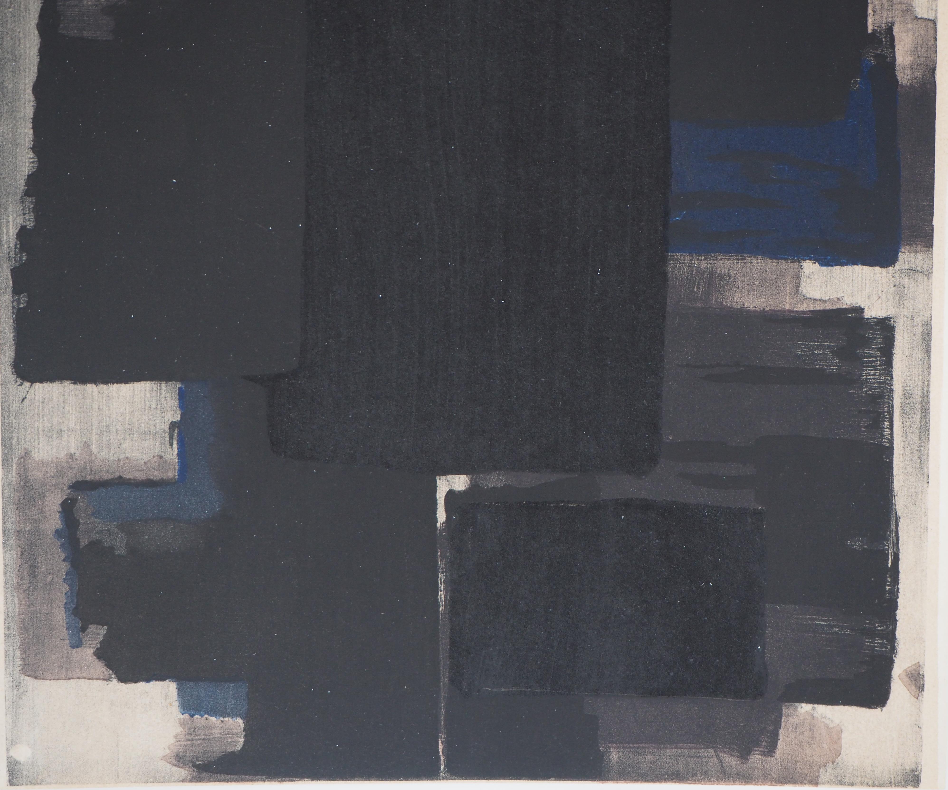Composition in blue and black - Lithograph  and stencil, 1956 - Black Abstract Print by Pierre Soulages