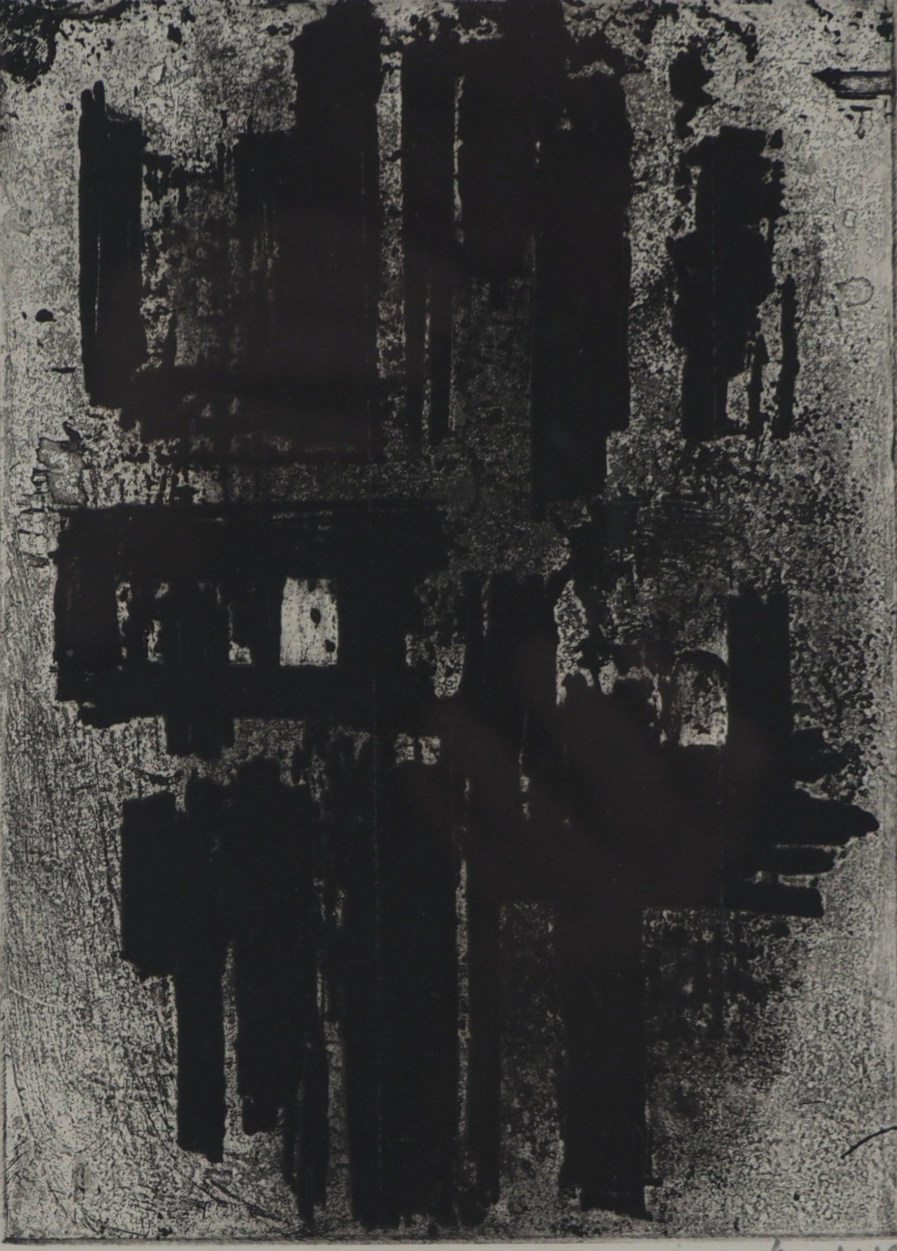 Pierre SOULAGES (1919-2022)
Radierung IV, 1957

Original-Radierung (Werkstatt Lacourière)
Mit Bleistift signiert
Nummeriert / 100
Auf BFK Rives Vellum, 32,5 x 25 (c 13 x 10 in)
Präsentiert im Holzrahmen 42 x 35 cm (ca. 17 x 14 Zoll)

REFERENZEN: