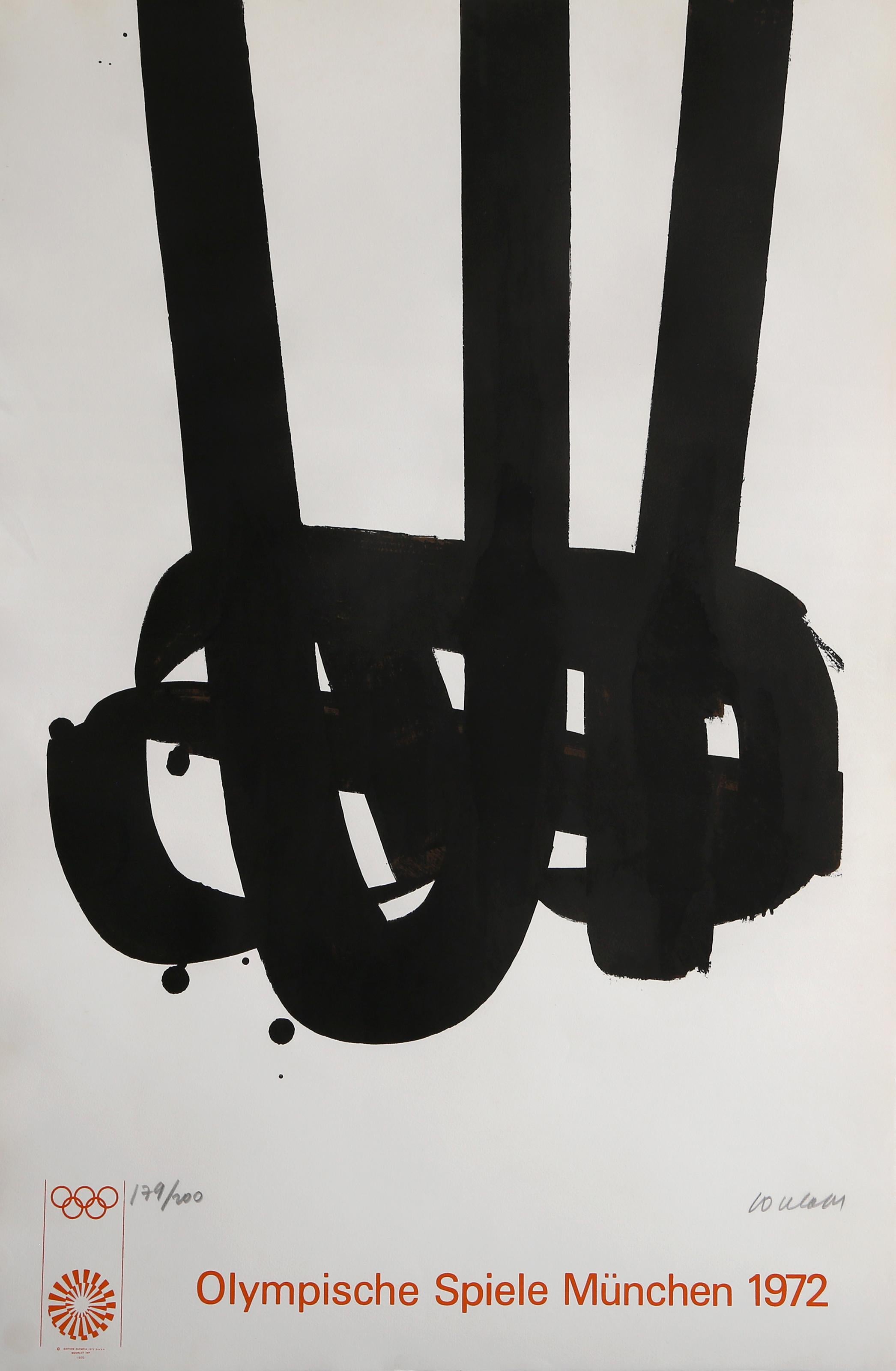 Cette rare lithographie de Pierre Soulages commémore les Jeux olympiques de Munich de 1972. Elle met en valeur le style expressionniste abstrait du maître français à travers des marques gestuelles audacieuses et des contrastes de tons dramatiques.