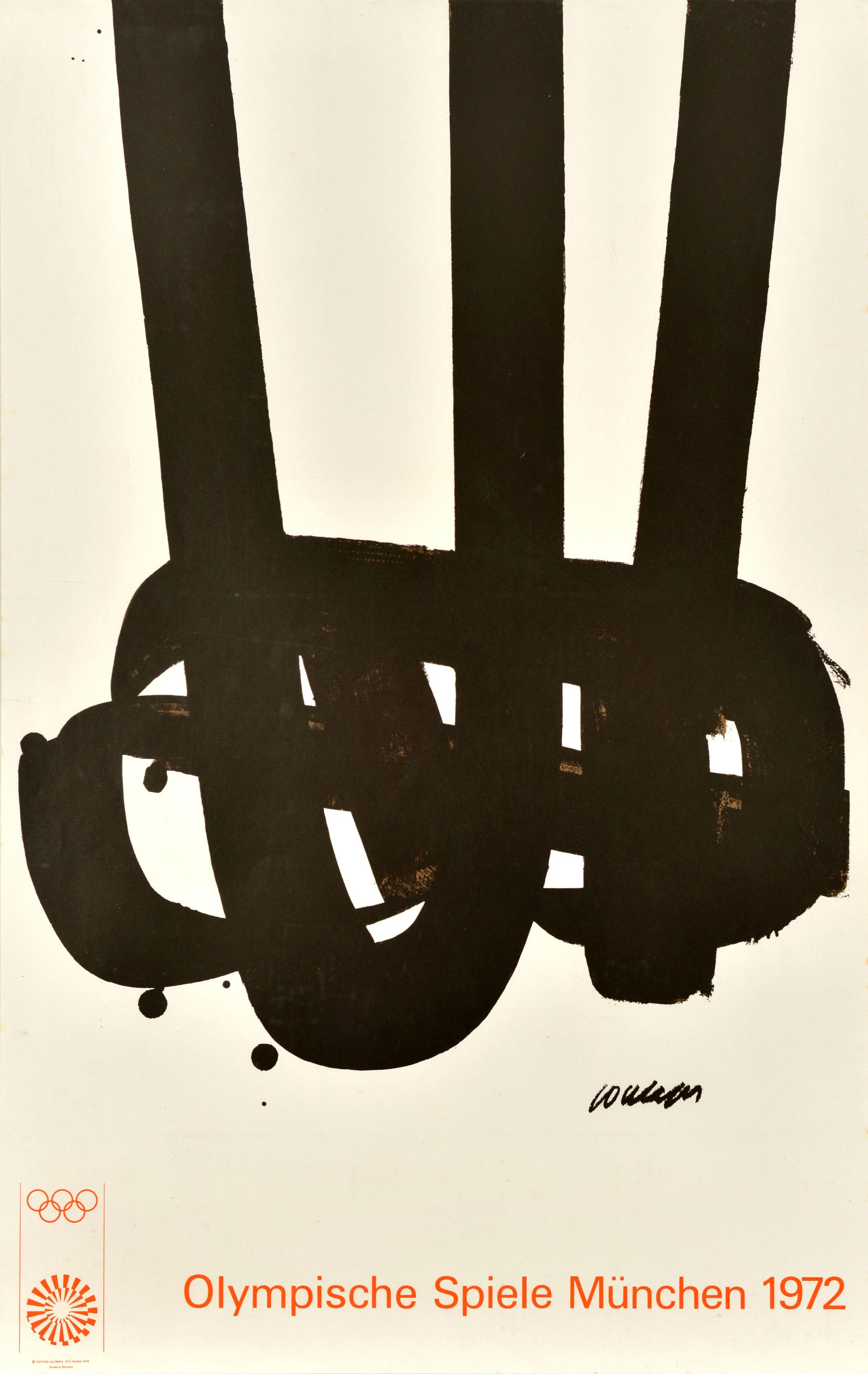 Original vintage sports poster for the 1972 Summer Olympics in Munich - Olympische Spiele Munchen - designed by the French artist Pierre Soulages (1919-2022) depicting an abstract black design on a white background. One of the series of posters by