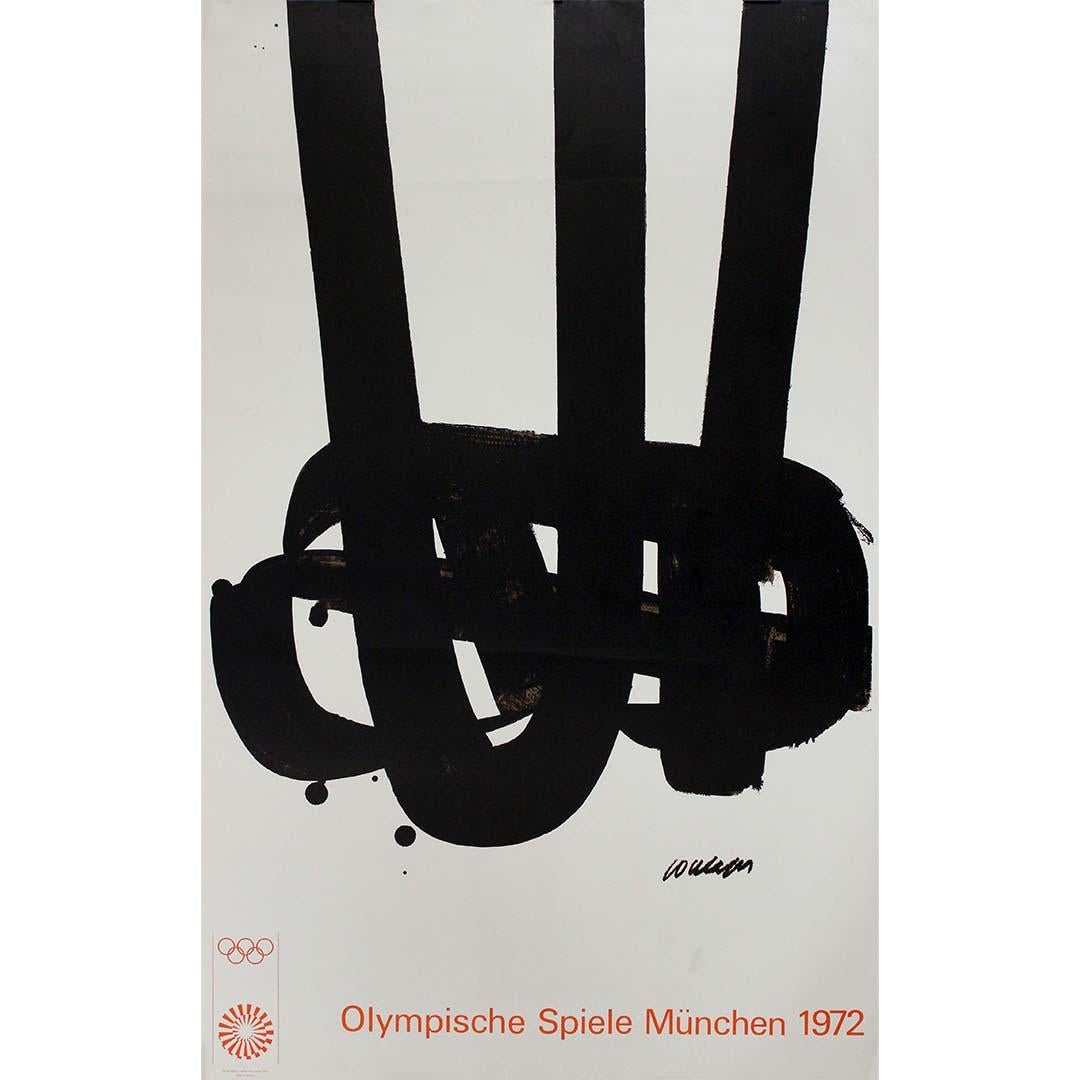 Pierre Soulages' 1972 Munich Olympics poster is a visual masterpiece that offers a unique and monochromatic perspective on the spirit of sporting excellence. This iconic poster stands as a tribute to the Olympic Games, inviting viewers to