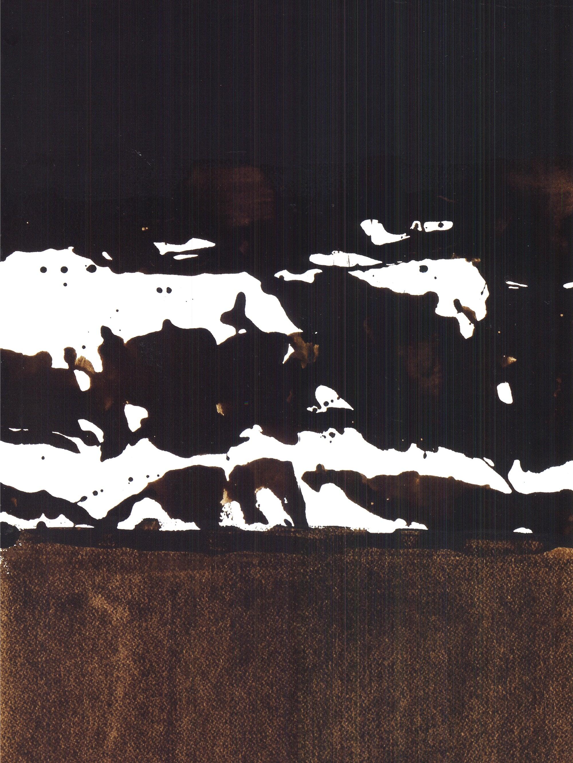This is a reproduction of Walnut Husk on Paper by Pierre Soulages, sourced from the Musée Soulages. The artwork features a distinctive composition where a heavy, rich brown base, reminiscent of walnut husks, forms the foundation. This is layered