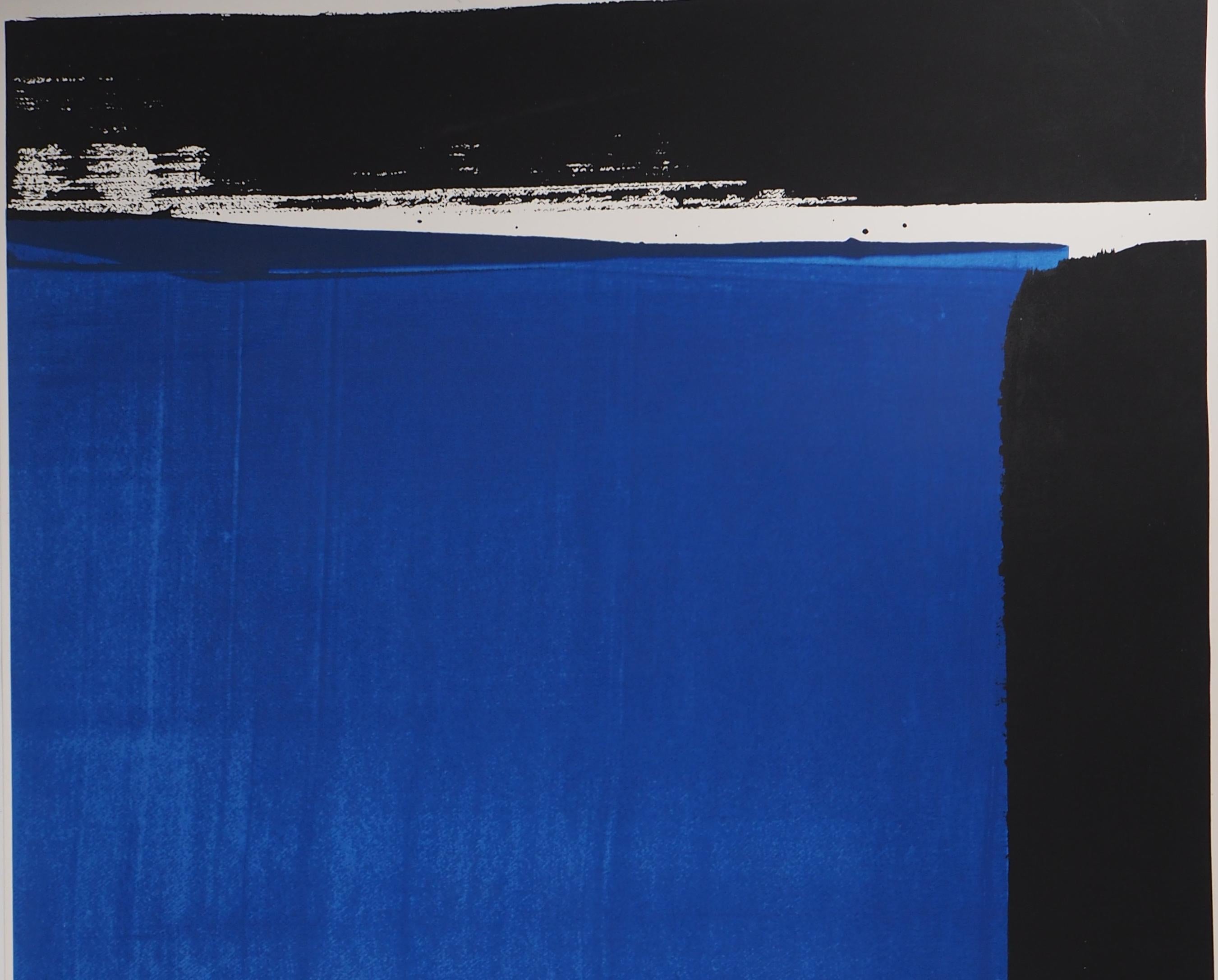 Sérigraphie no. 16 : Black on Blue - screenprint, Handsigned (BNF #108) - Abstract Print by Pierre Soulages