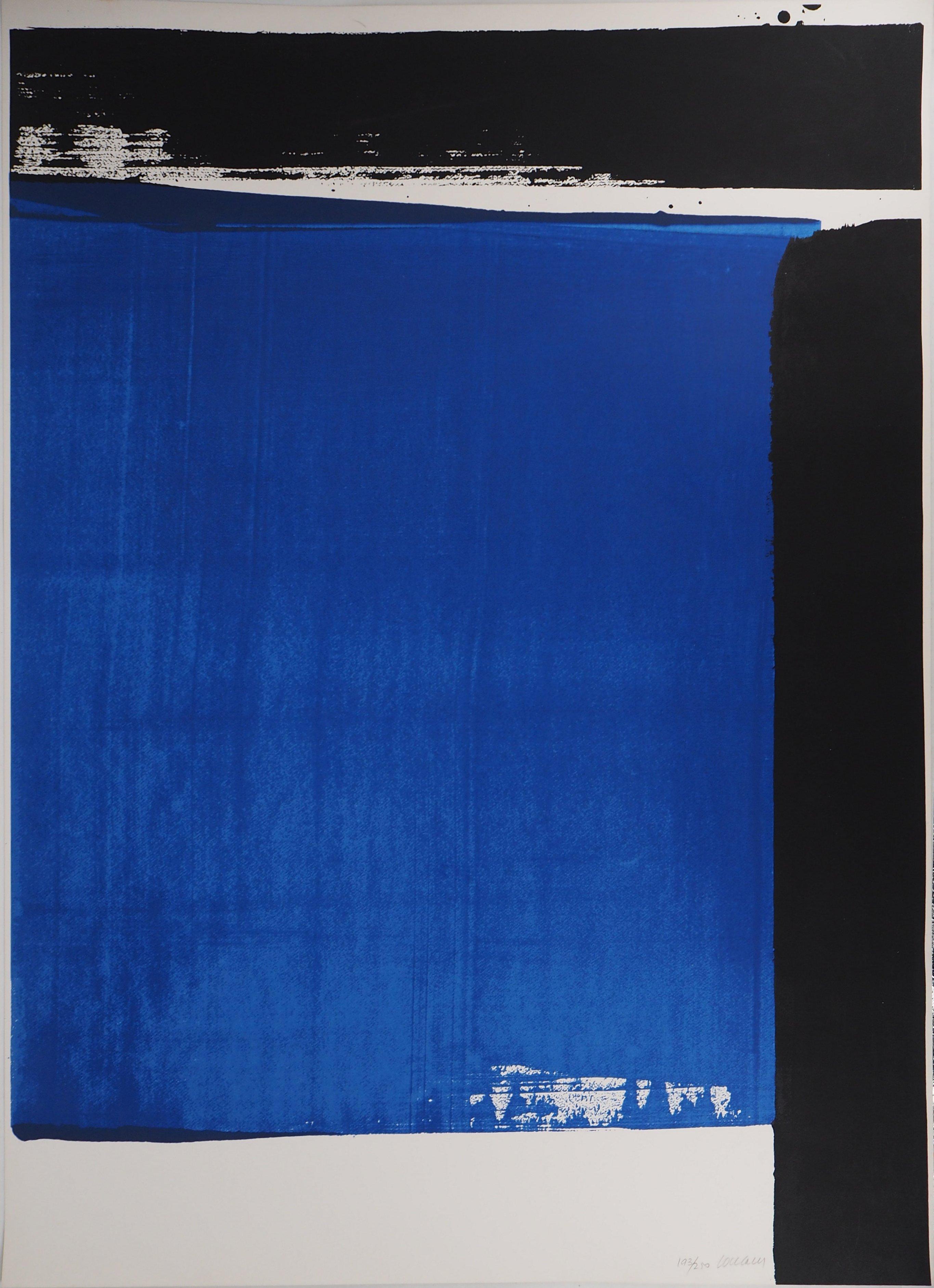 Pierre Soulages Abstract Print - Sérigraphie no. 16 : Black on Blue - screenprint, Handsigned (BNF #108)