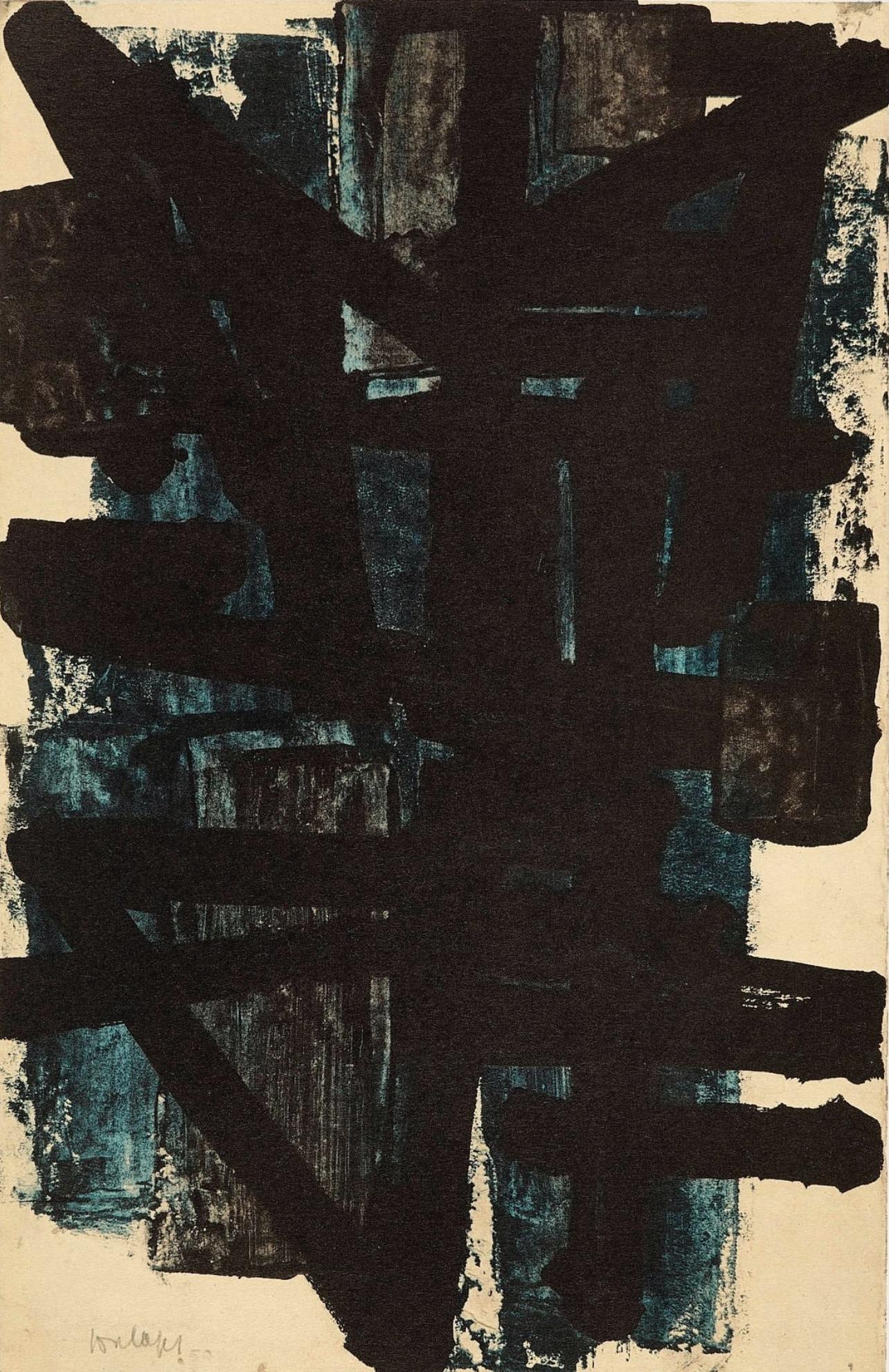 Lithographie sur papier vélin. Non signé et non numéroté, tel que publié. Bon état ; jamais encadré ni monté sur passe-partout. Notes : Extrait de l'in-folio Pierre Soulages : Peintres d'aujourd'hui, 1962. Publié par Fernand Hazan, Paris ; planches