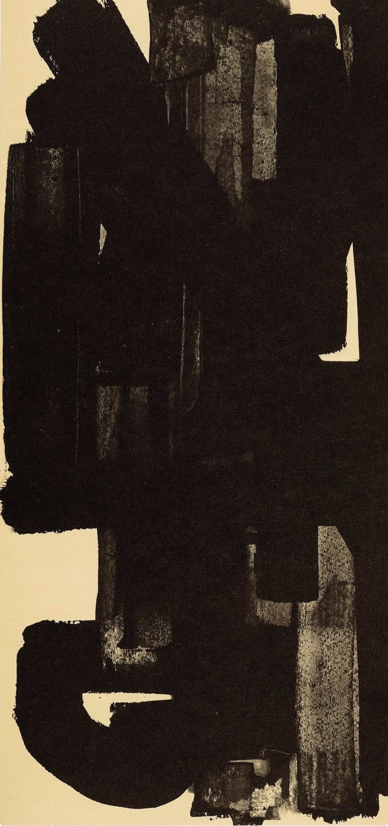 Lithograph on wove paper. Unsigned and unnumbered, as issued. Good Condition; never framed or matted. Notes: From the folio, Pierre Soulages: Peintres d'aujourd'hui, 1962. Published by Fernand Hazan, Paris; lithographic plates produced by Clichés