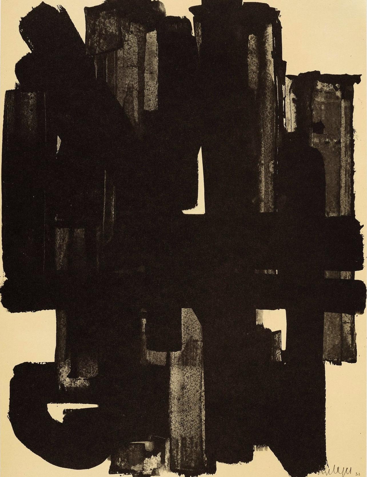 Lithograph on wove paper. Unsigned and unnumbered, as issued. Good Condition; never framed or matted. Notes: From the folio, Pierre Soulages: Peintres d'aujourd'hui, 1962. Published by Fernand Hazan, Paris; lithographic plates produced by Clichés