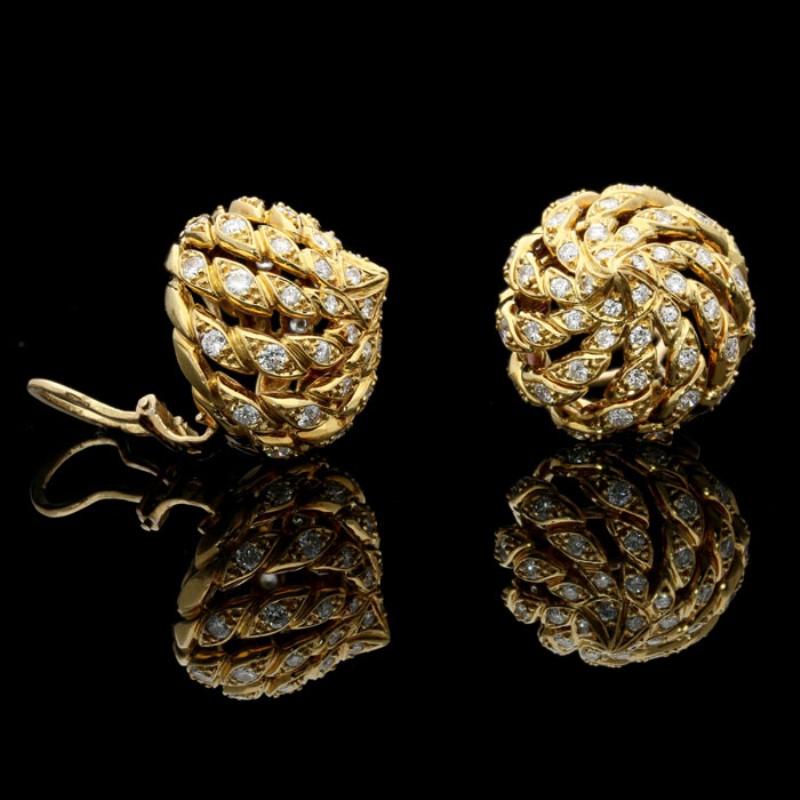 Pierre Sterle 18 Carat Yellow Gold and Diamond Domed Spiral Clip Earrings In Good Condition In London, GB