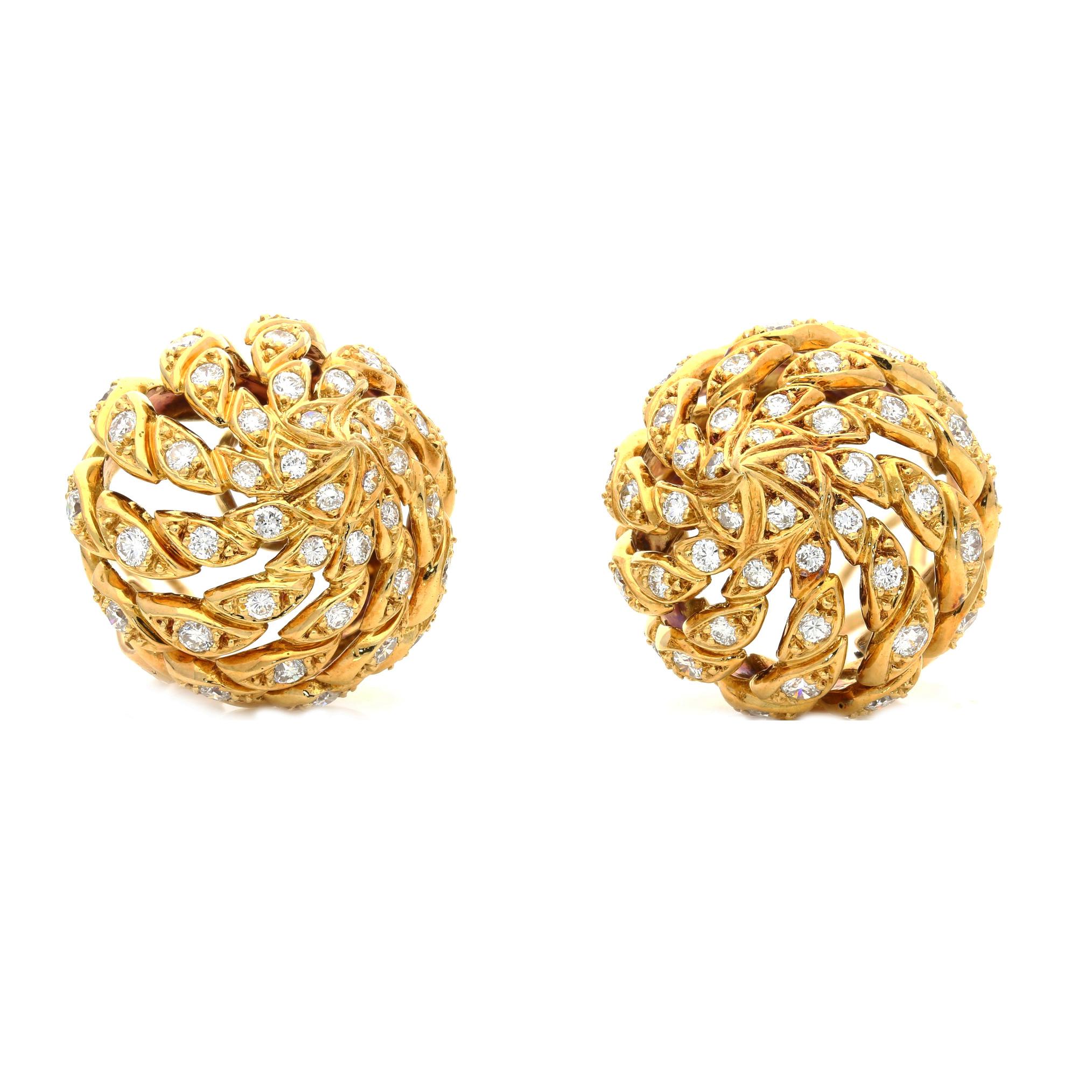 Pierre Sterle 18 Carat Yellow Gold and Diamond Domed Spiral Clip Earrings