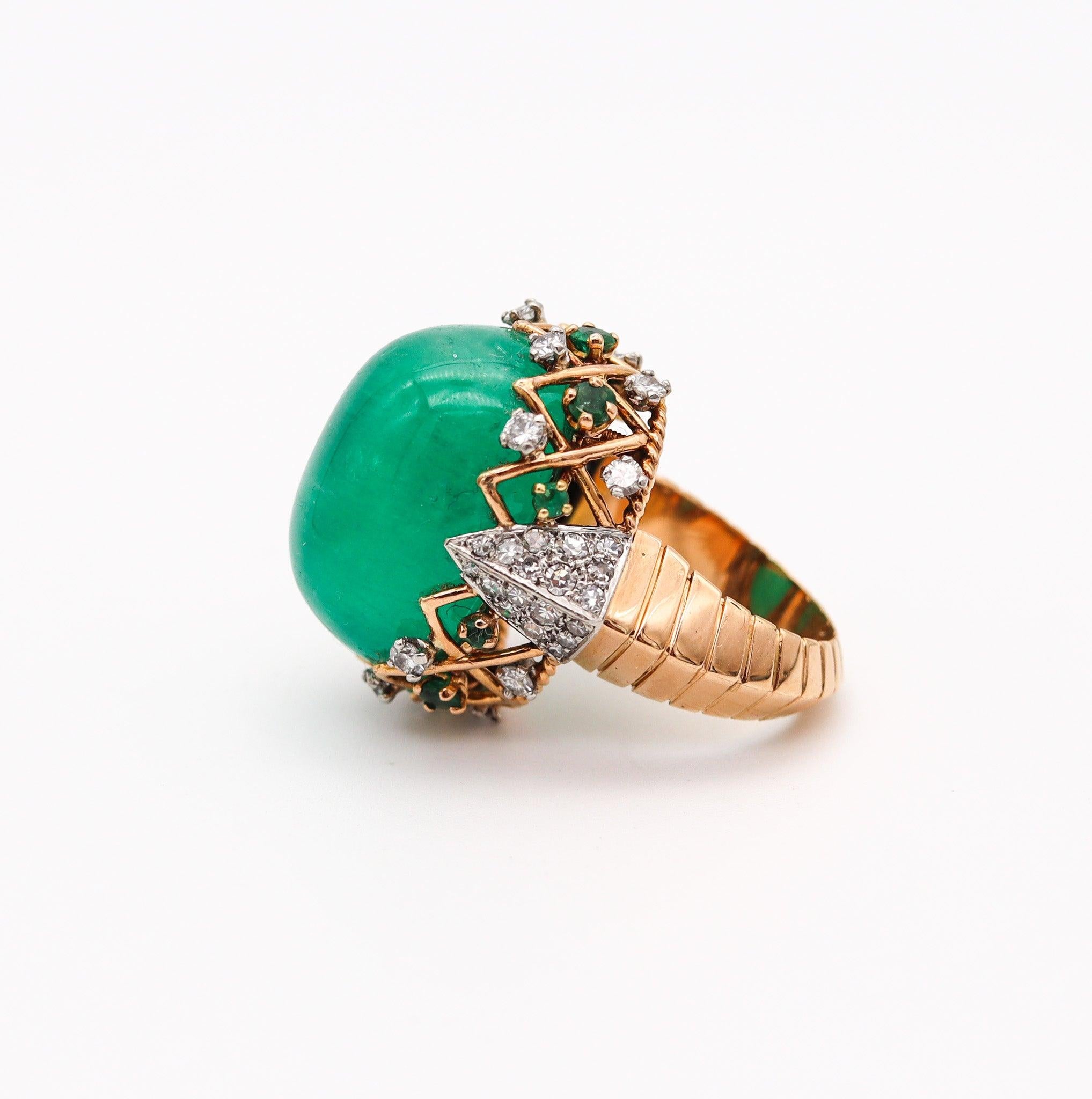 Retro PIERRE STERLE 1955 Cocktail Ring 18Kt Gold-Platinum 43.49 Ctw Emerald & Diamonds For Sale