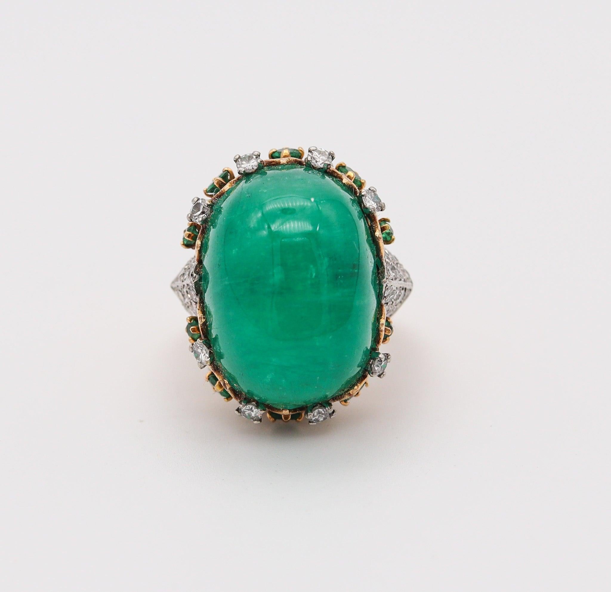 Cabochon PIERRE STERLE 1955 Cocktail Ring 18Kt Gold-Platinum 43.49 Ctw Emerald & Diamonds For Sale