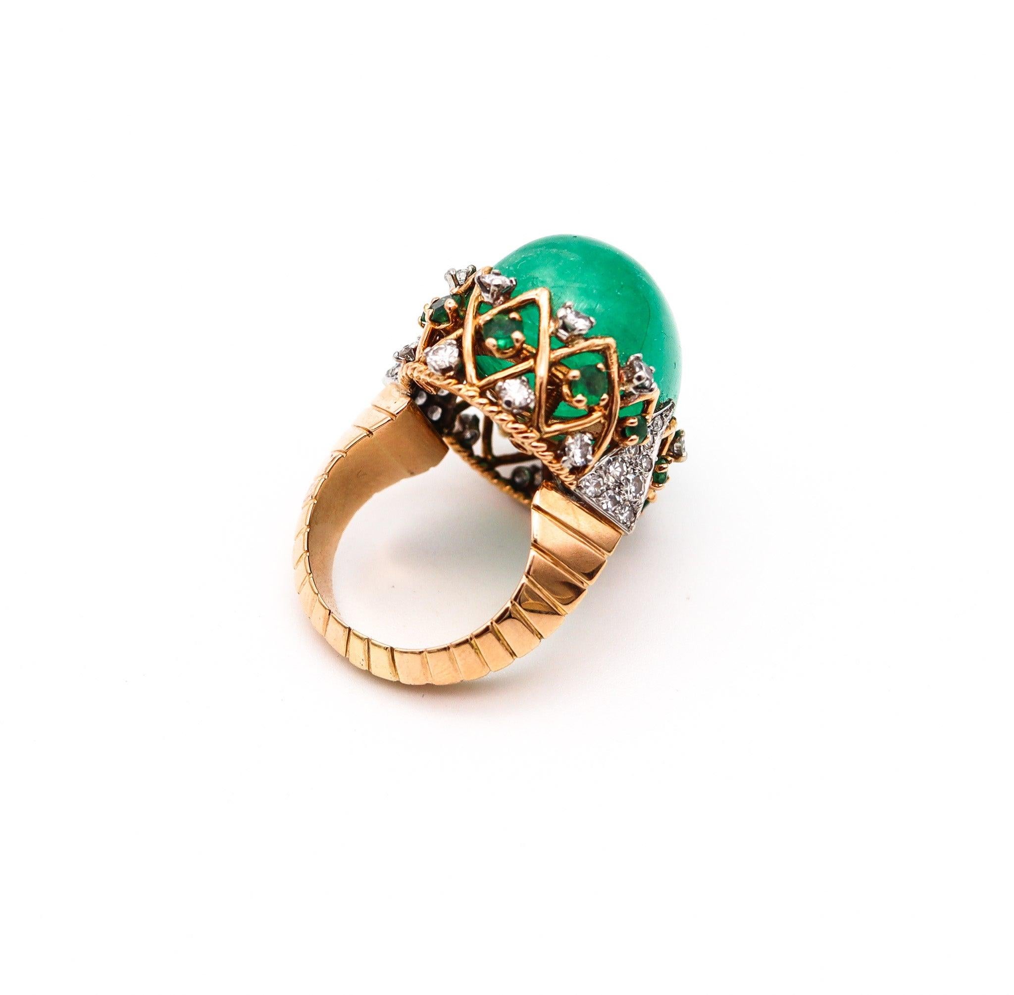 PIERRE STERLE 1955 Cocktail Ring 18Kt Gold-Platinum 43.49 Ctw Emerald & Diamonds In Excellent Condition For Sale In Miami, FL