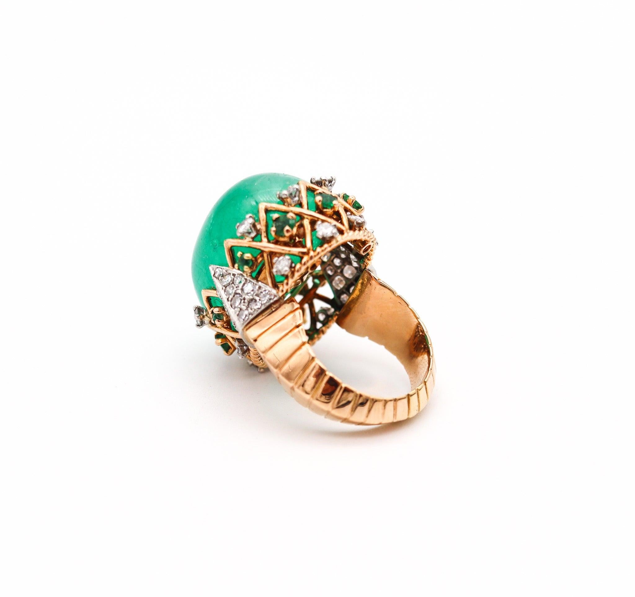 Women's or Men's PIERRE STERLE 1955 Cocktail Ring 18Kt Gold-Platinum 43.49 Ctw Emerald & Diamonds For Sale