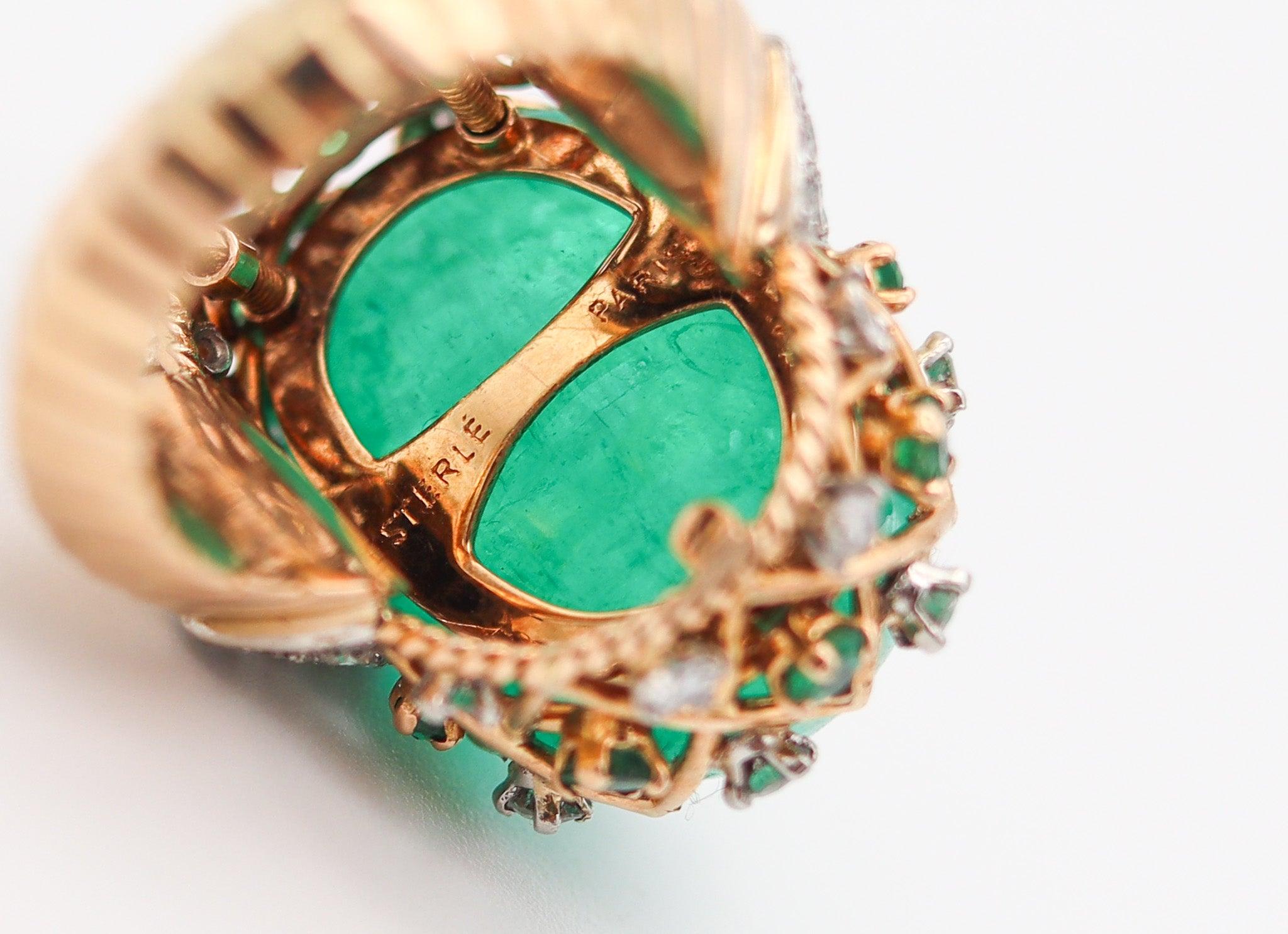 PIERRE STERLE 1955 Cocktail Ring 18Kt Gold-Platinum 43.49 Ctw Emerald & Diamonds For Sale 1