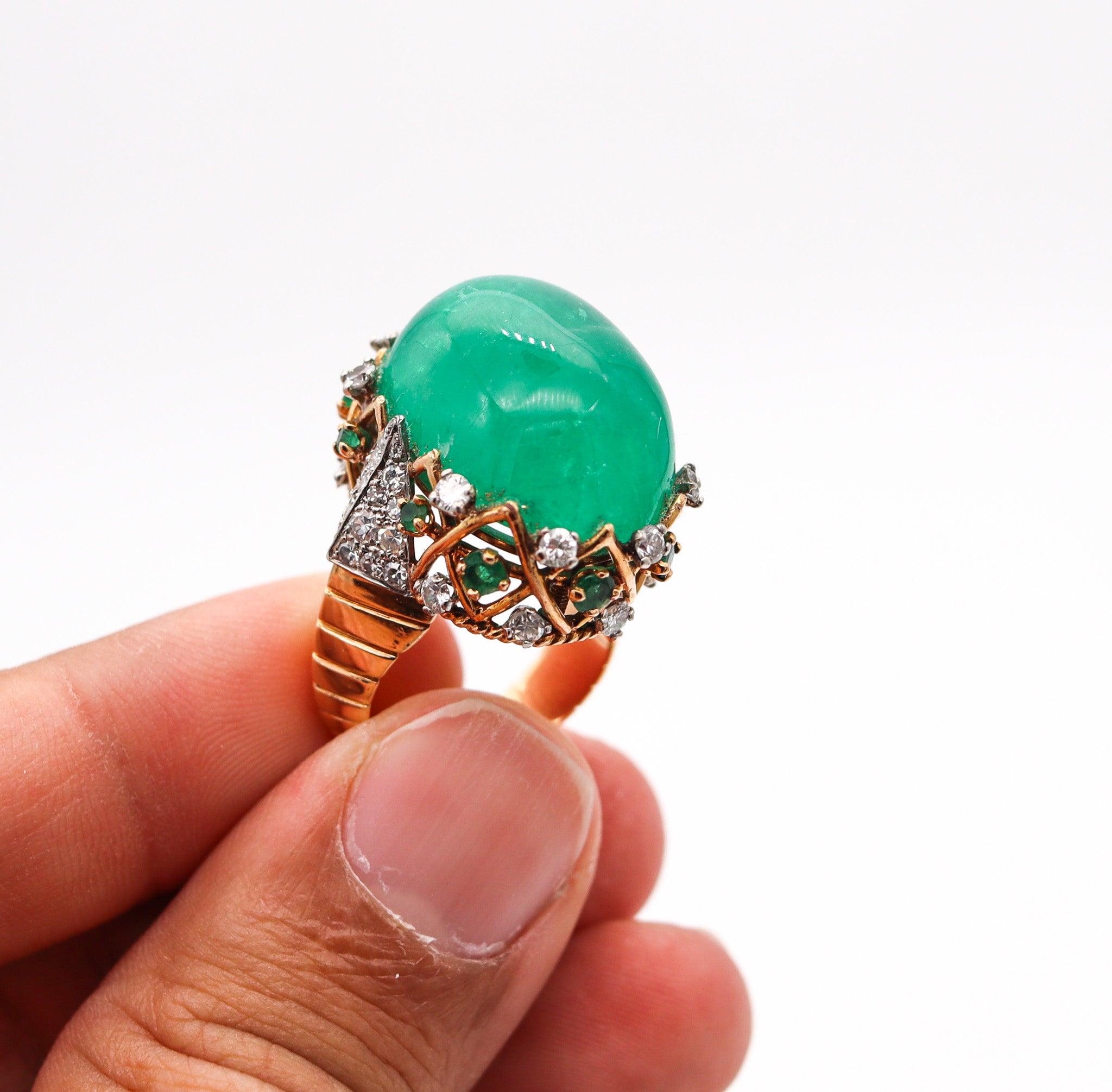 PIERRE STERLE 1955 Cocktail Ring 18Kt Gold-Platinum 43.49 Ctw Emerald & Diamonds For Sale 2