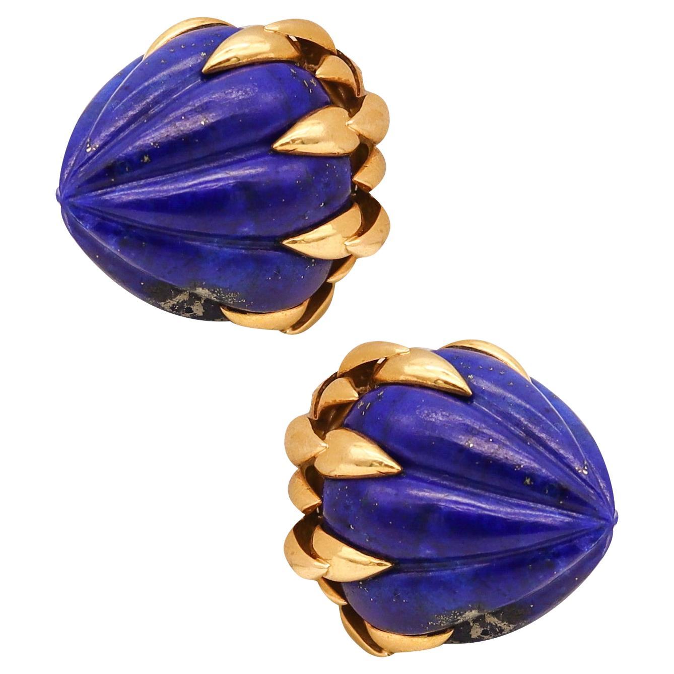 Pierre Sterle 1960 Retro Modern Clip on Earring in 18kt Yellow Gold with Lapis