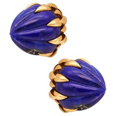 Pierre Sterle Clips d'oreilles modernes et rétro en or jaune 18 carats avec lapis, 1960 