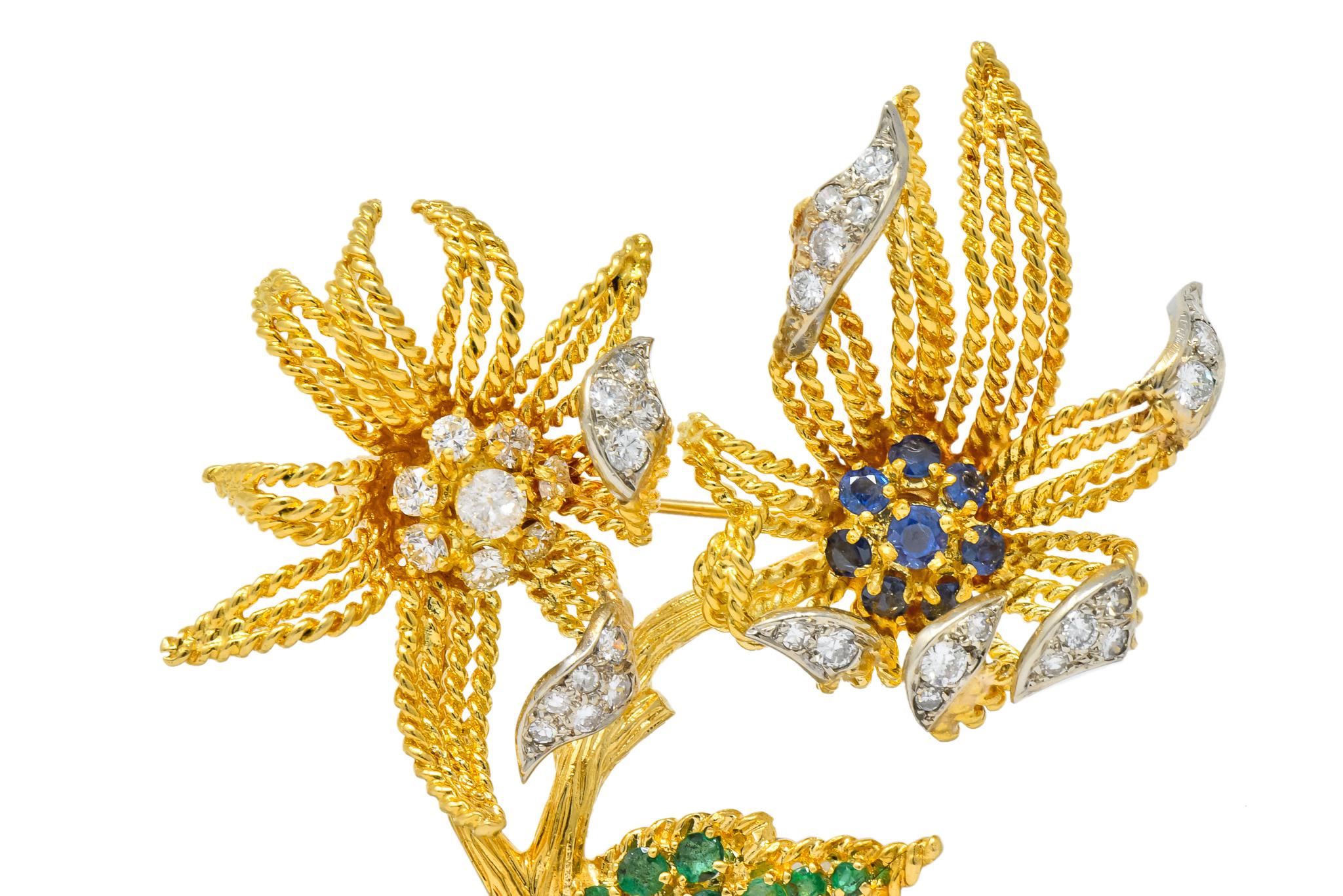 Retro Pierre Sterlé 1960s Diamond Sapphire Emerald 18 Karat Gold Flower Brooch