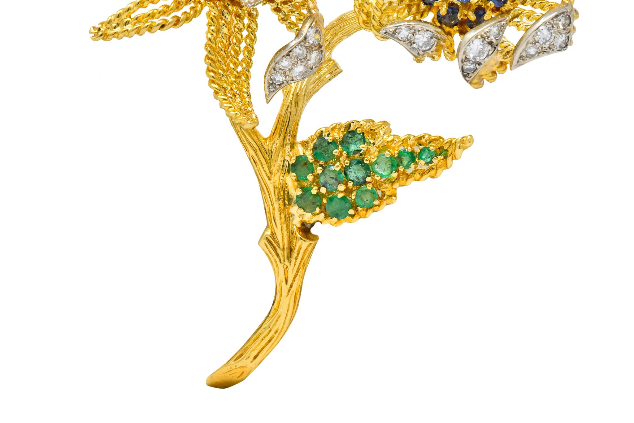 Round Cut Pierre Sterlé 1960s Diamond Sapphire Emerald 18 Karat Gold Flower Brooch