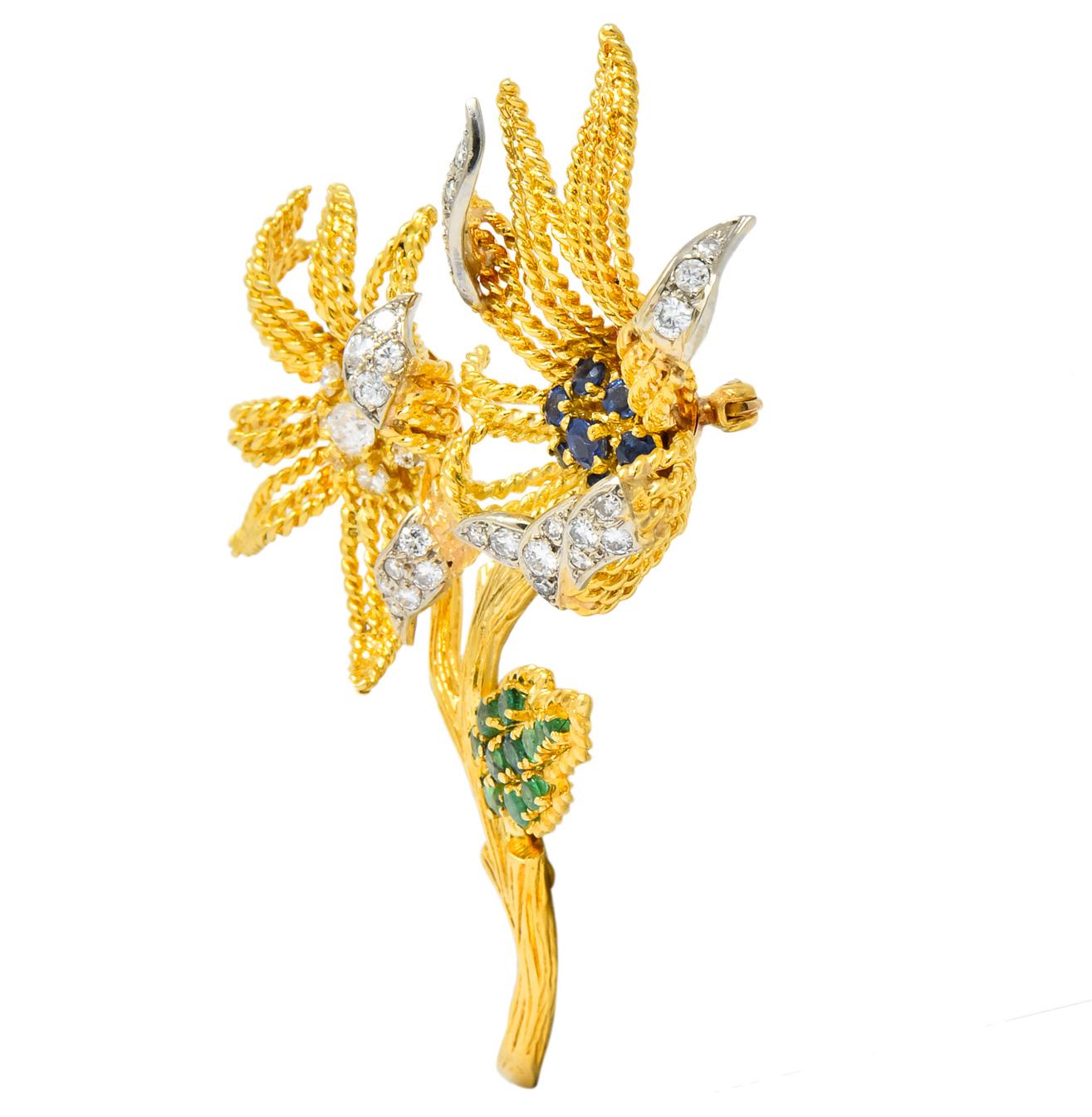 Pierre Sterlé 1960s Diamond Sapphire Emerald 18 Karat Gold Flower Brooch In Excellent Condition In Philadelphia, PA