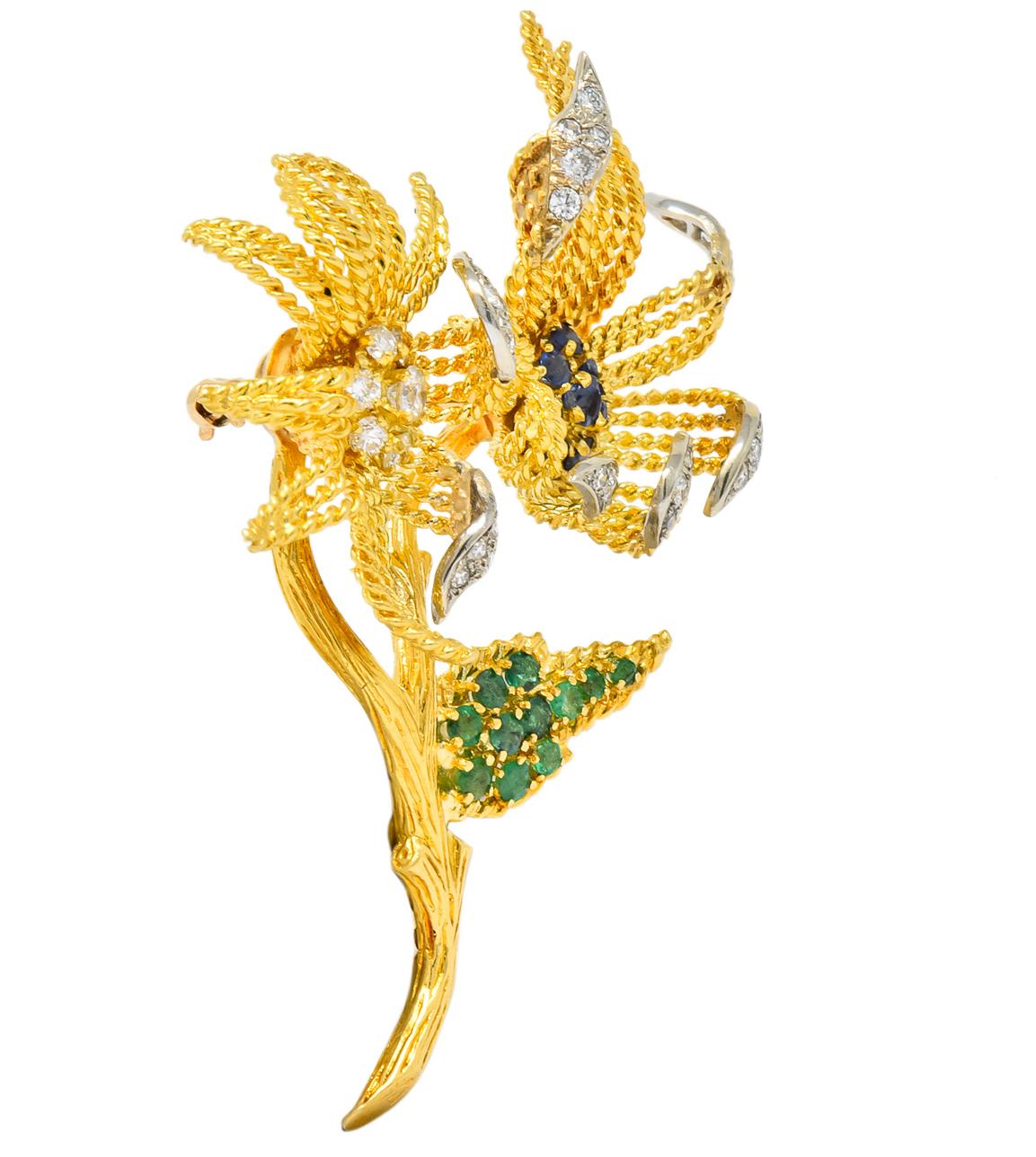 Women's or Men's Pierre Sterlé 1960s Diamond Sapphire Emerald 18 Karat Gold Flower Brooch