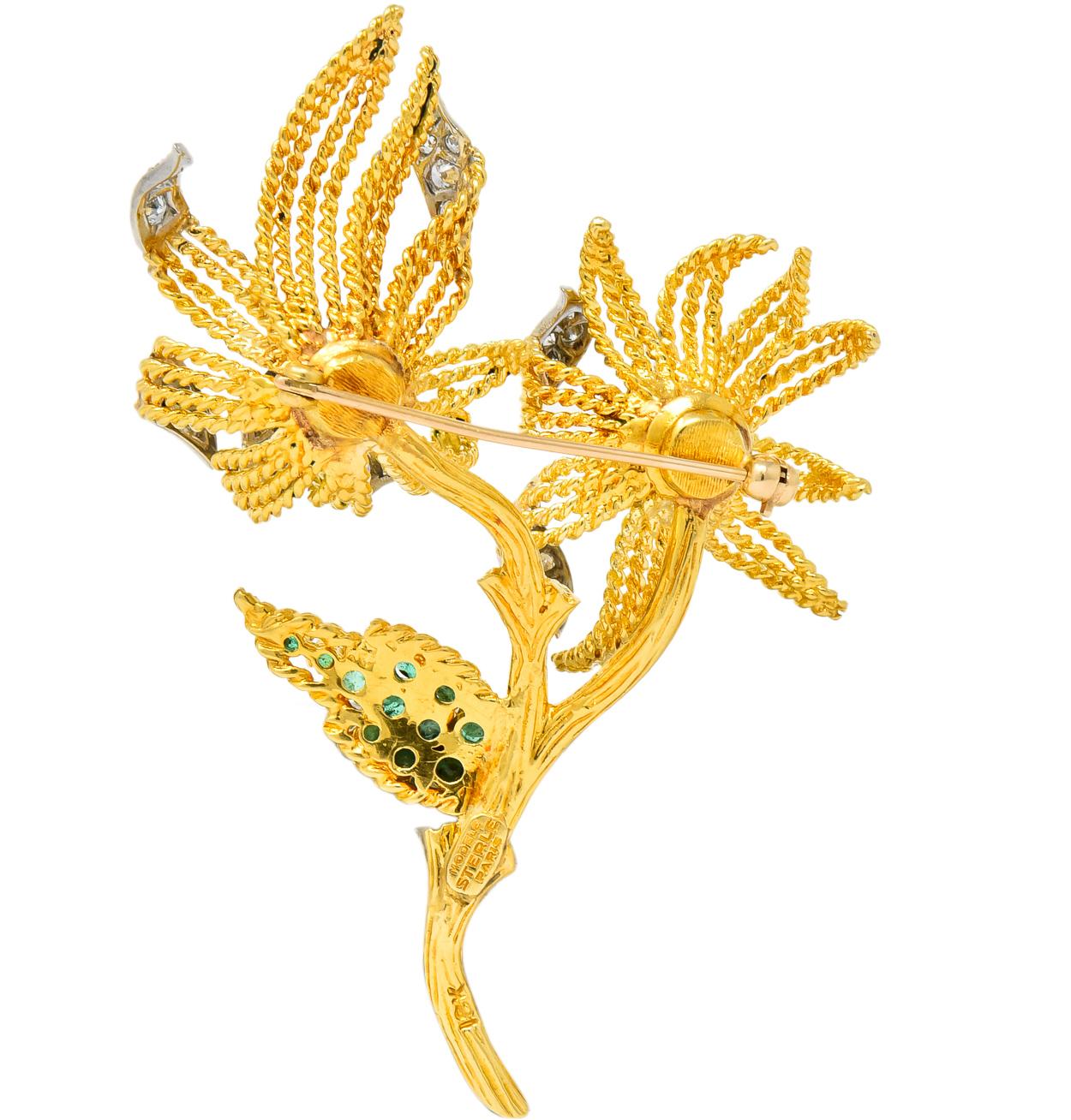 Pierre Sterlé 1960s Diamond Sapphire Emerald 18 Karat Gold Flower Brooch 1