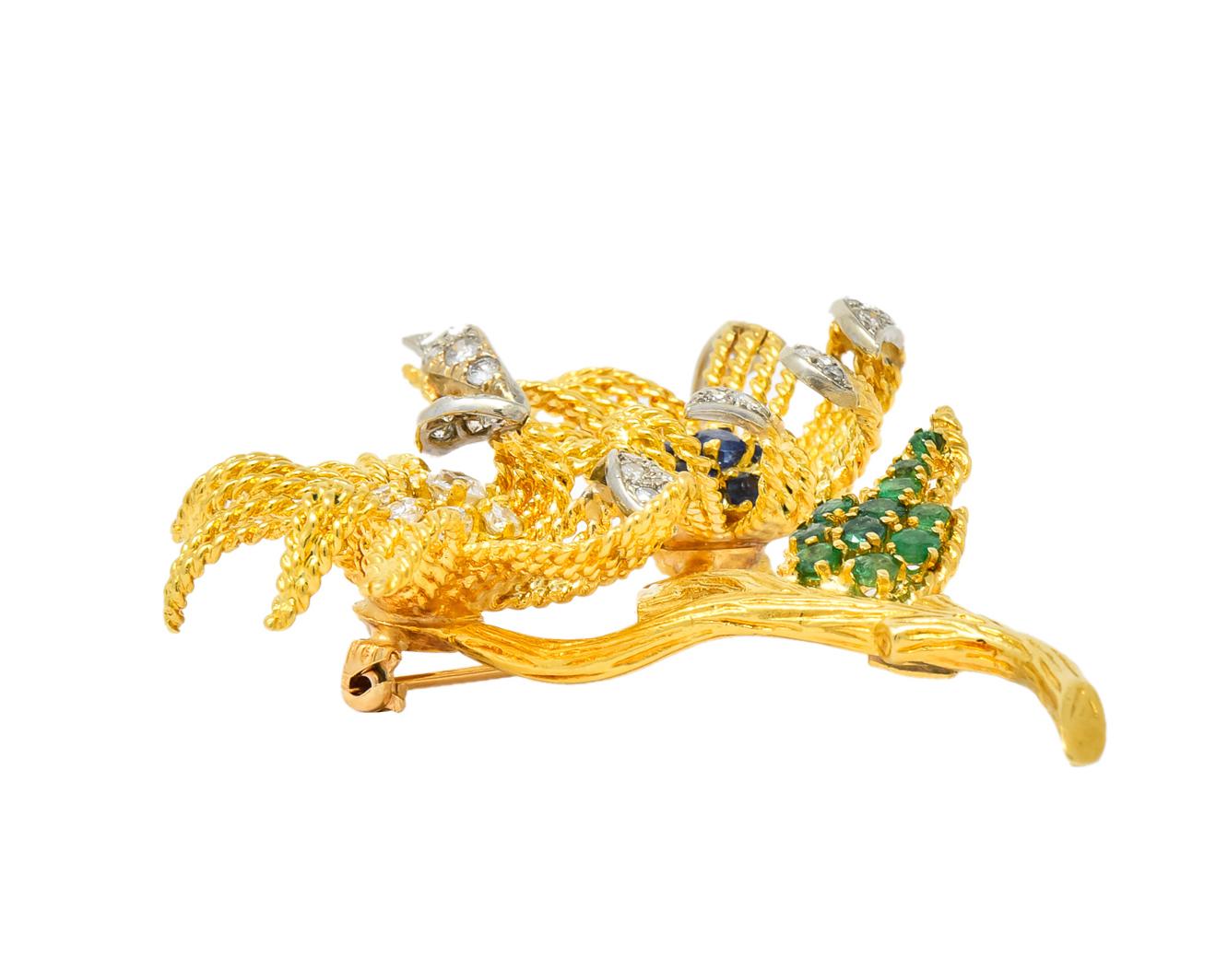 Pierre Sterlé 1960s Diamond Sapphire Emerald 18 Karat Gold Flower Brooch 3