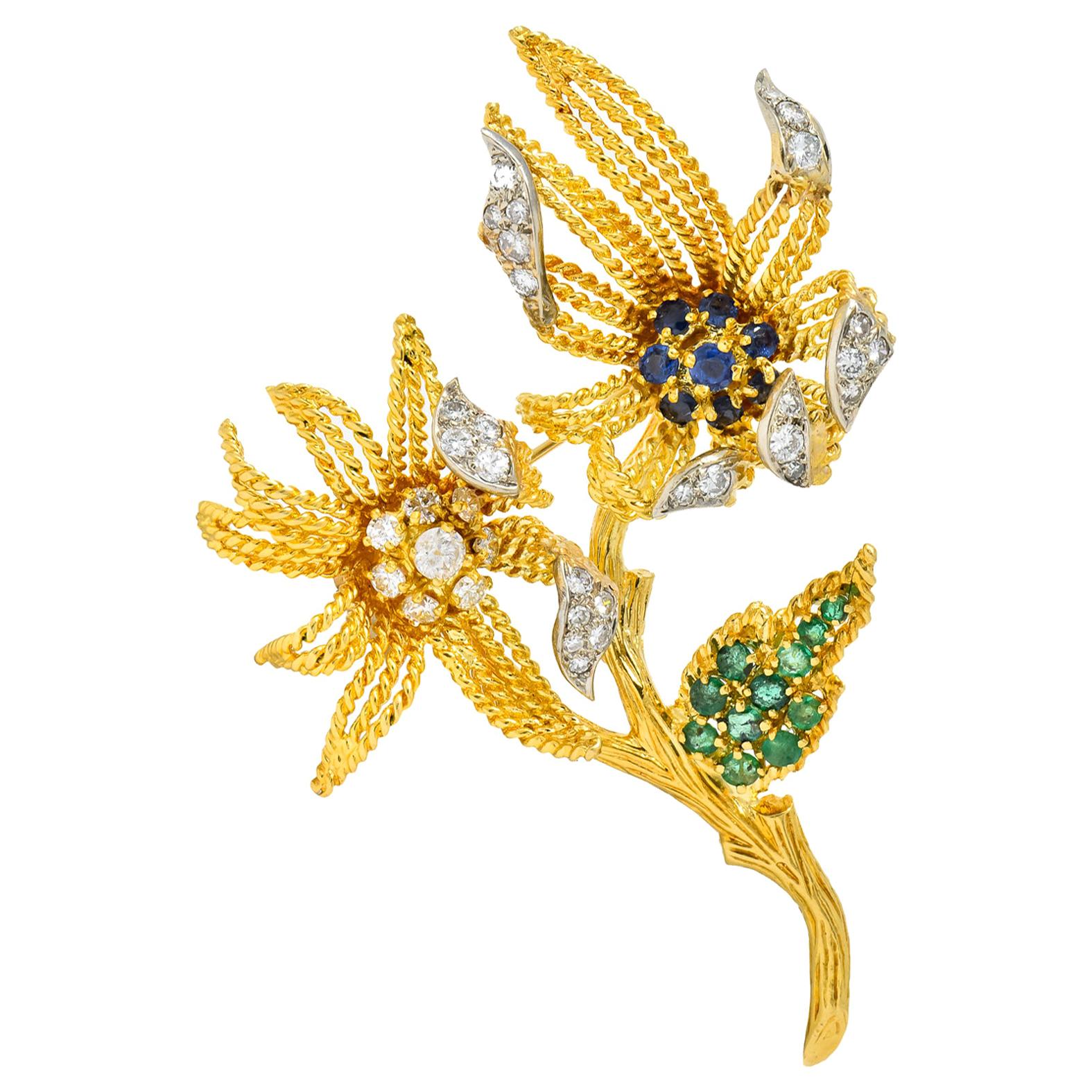 Pierre Sterlé 1960s Diamond Sapphire Emerald 18 Karat Gold Flower Brooch