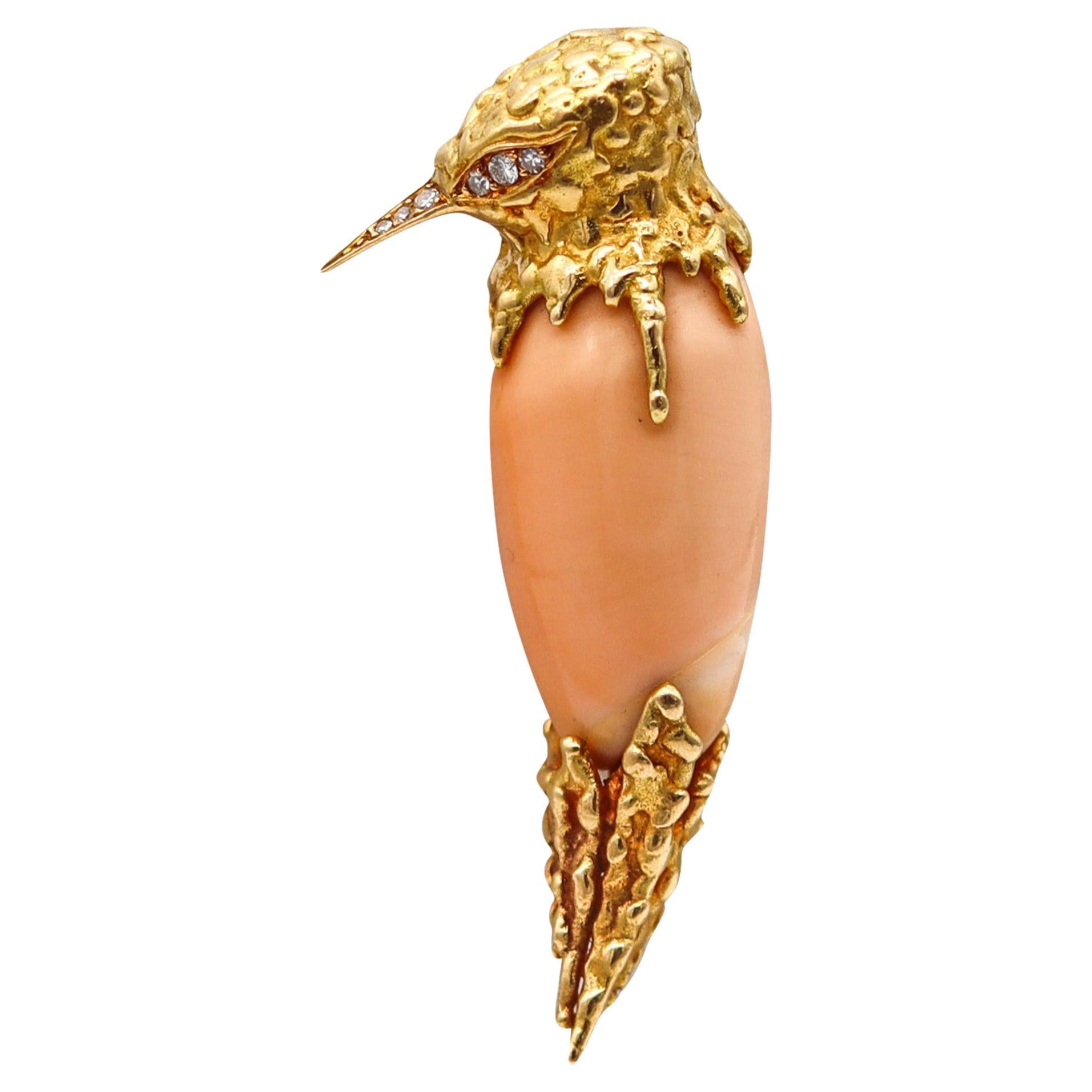 Pierre Sterlé 1970 Modernist Bird Brooch In 18Kt Yellow Gold Diamonds And Shell