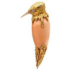 Pierre Sterlé 1970 Modernist Bird Brooch in 18Kt Yellow Gold Diamonds and Shell