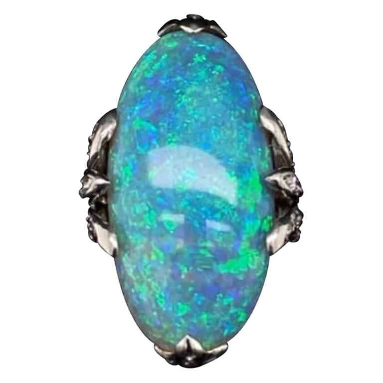Pierre Sterlé Opal and Diamond Cocktail Ring Platinum, Circa 1950 For Sale