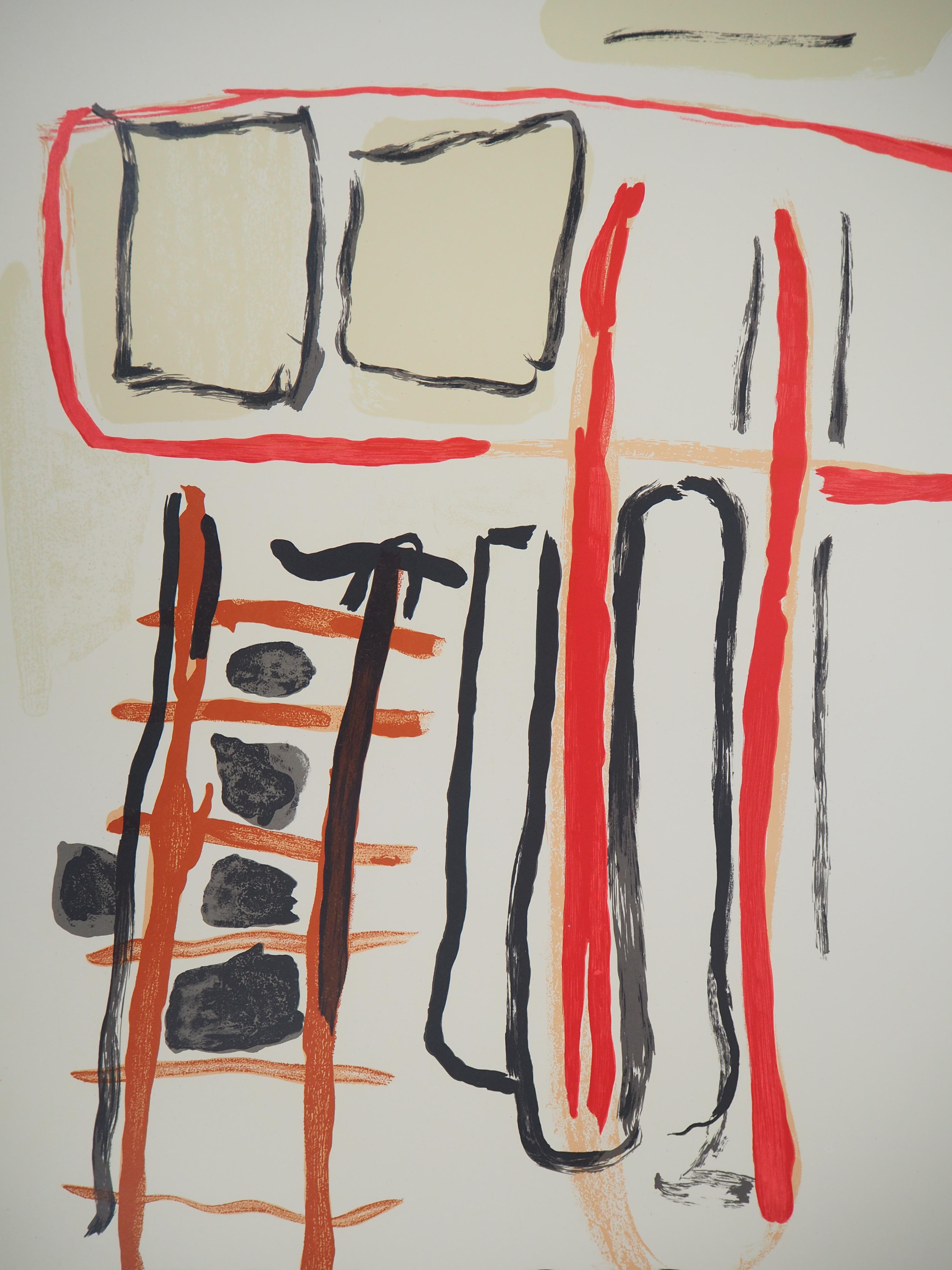 Abstract Composition - Original lithograph poster - Maeght 1956 - Gray Abstract Print by Pierre Tal-Coat