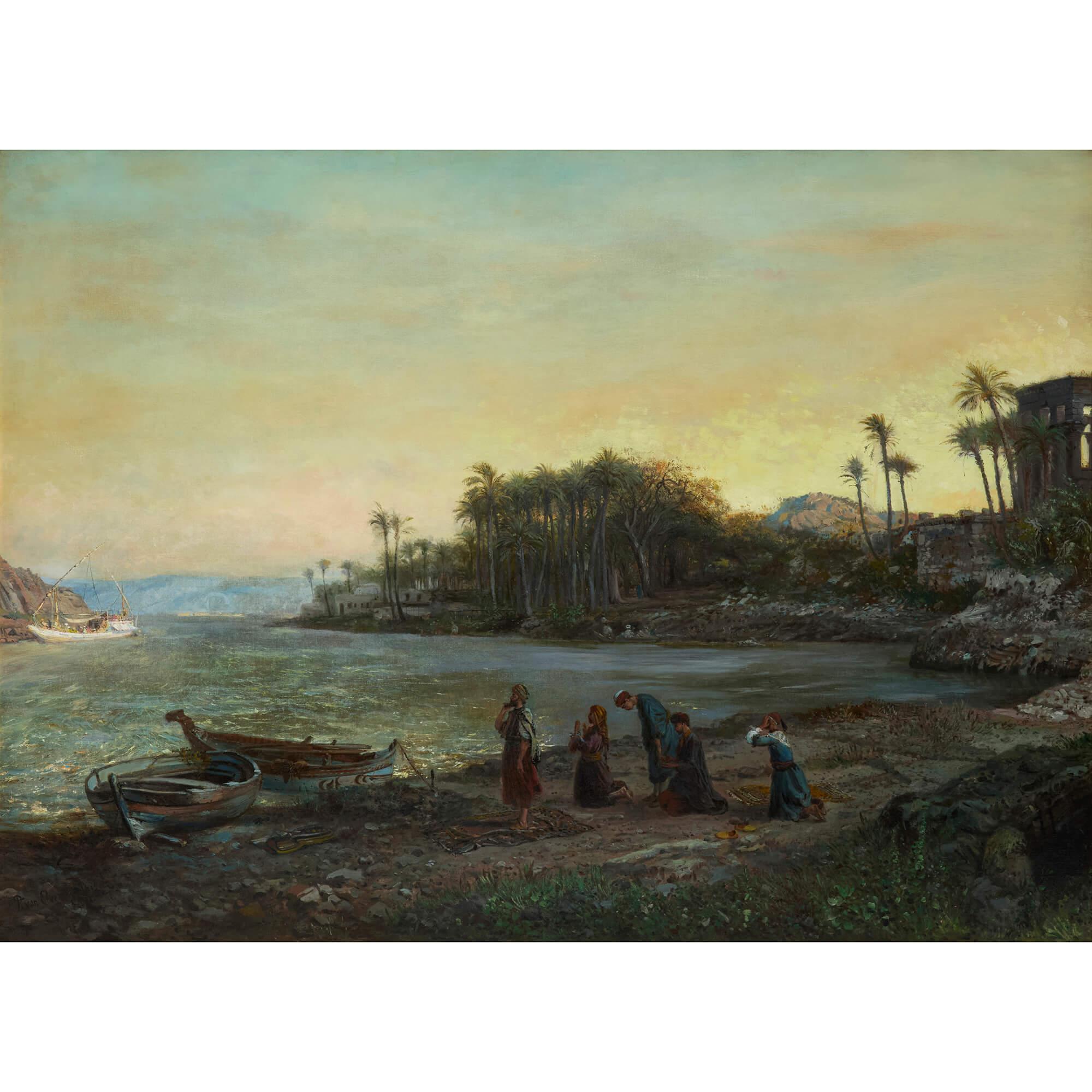 Grande dipinto orientalista di Van Elven raffigurante figure in preghiera sulla riva del mare - Painting di Elven, Pierre Tetar van