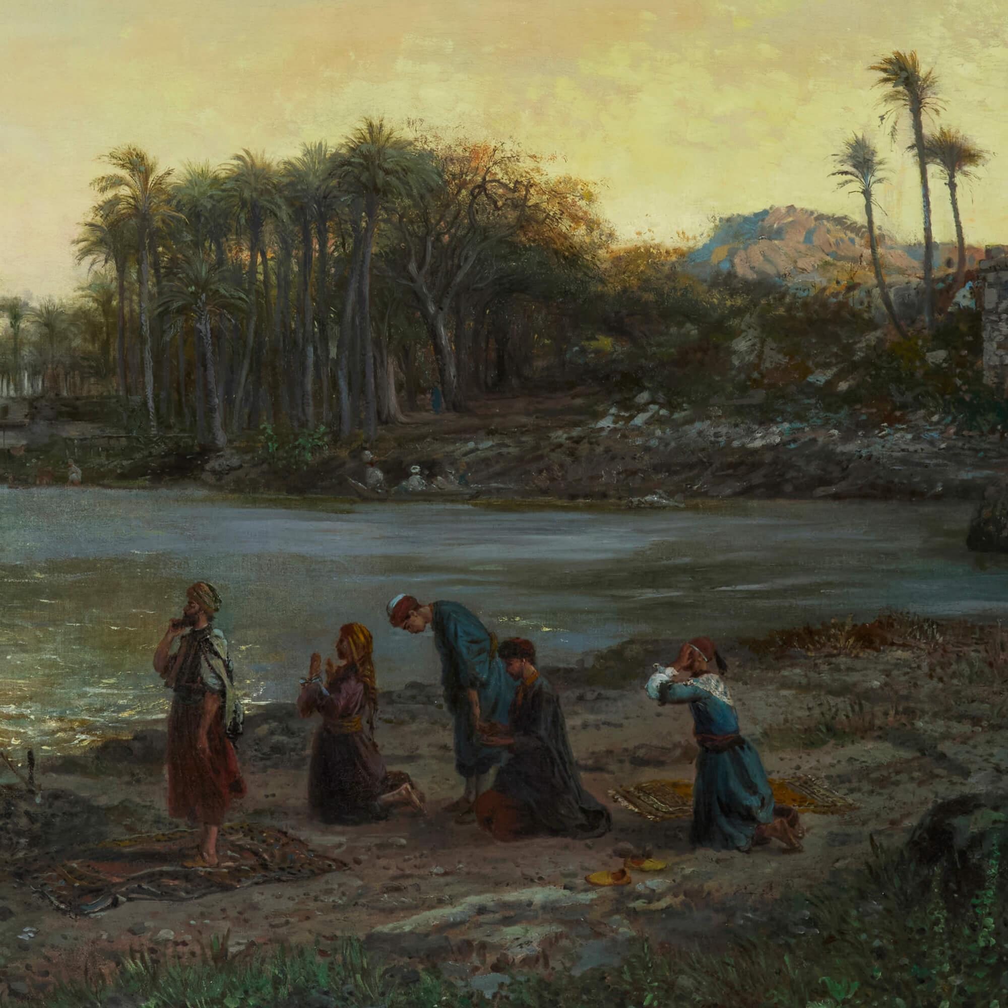 Grande dipinto orientalista di Van Elven raffigurante figure in preghiera sulla riva del mare - Figurative Painting Marrone di Elven, Pierre Tetar van