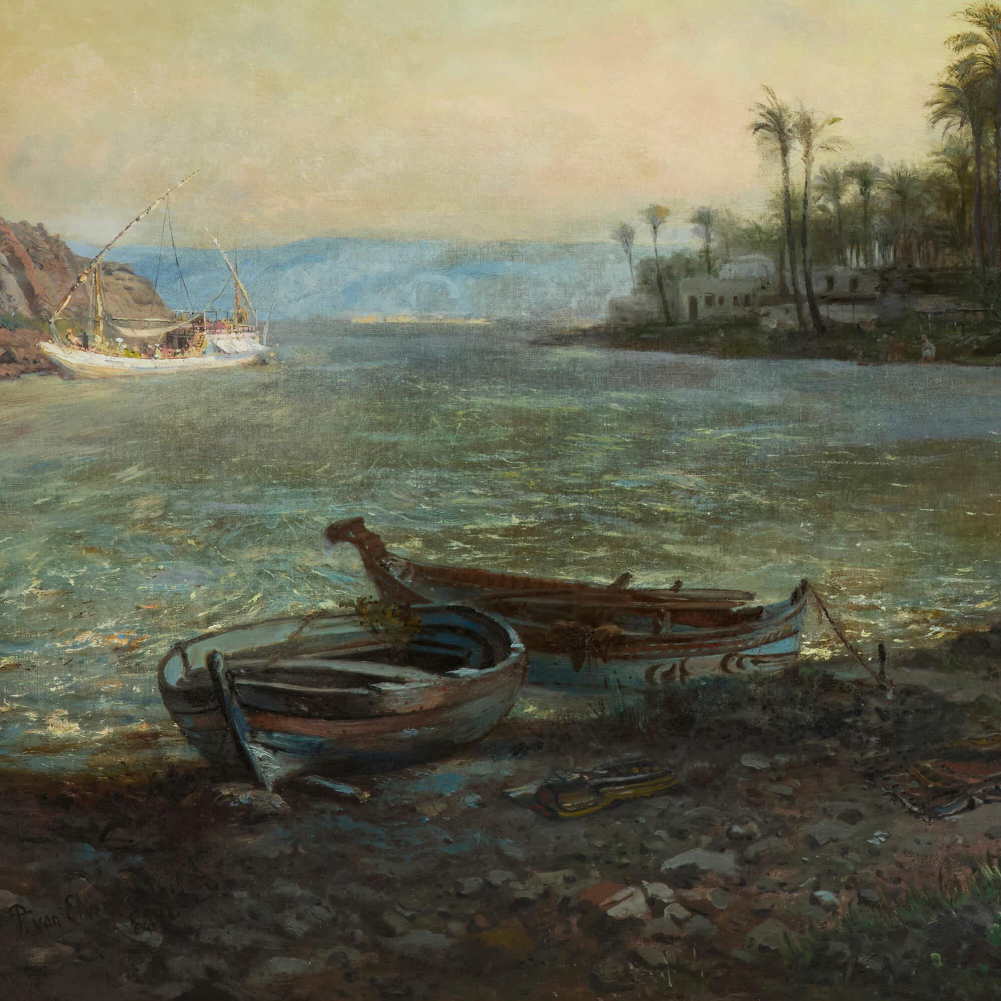 Grande dipinto orientalista di Van Elven con figure che pregano sulla riva del mare 
Olandese, 1880
Tela: Altezza 98 cm, larghezza 133 cm
Telaio: Altezza 124cm, larghezza 159cm, profondità 10cm

Questa splendida scena orientalista è opera