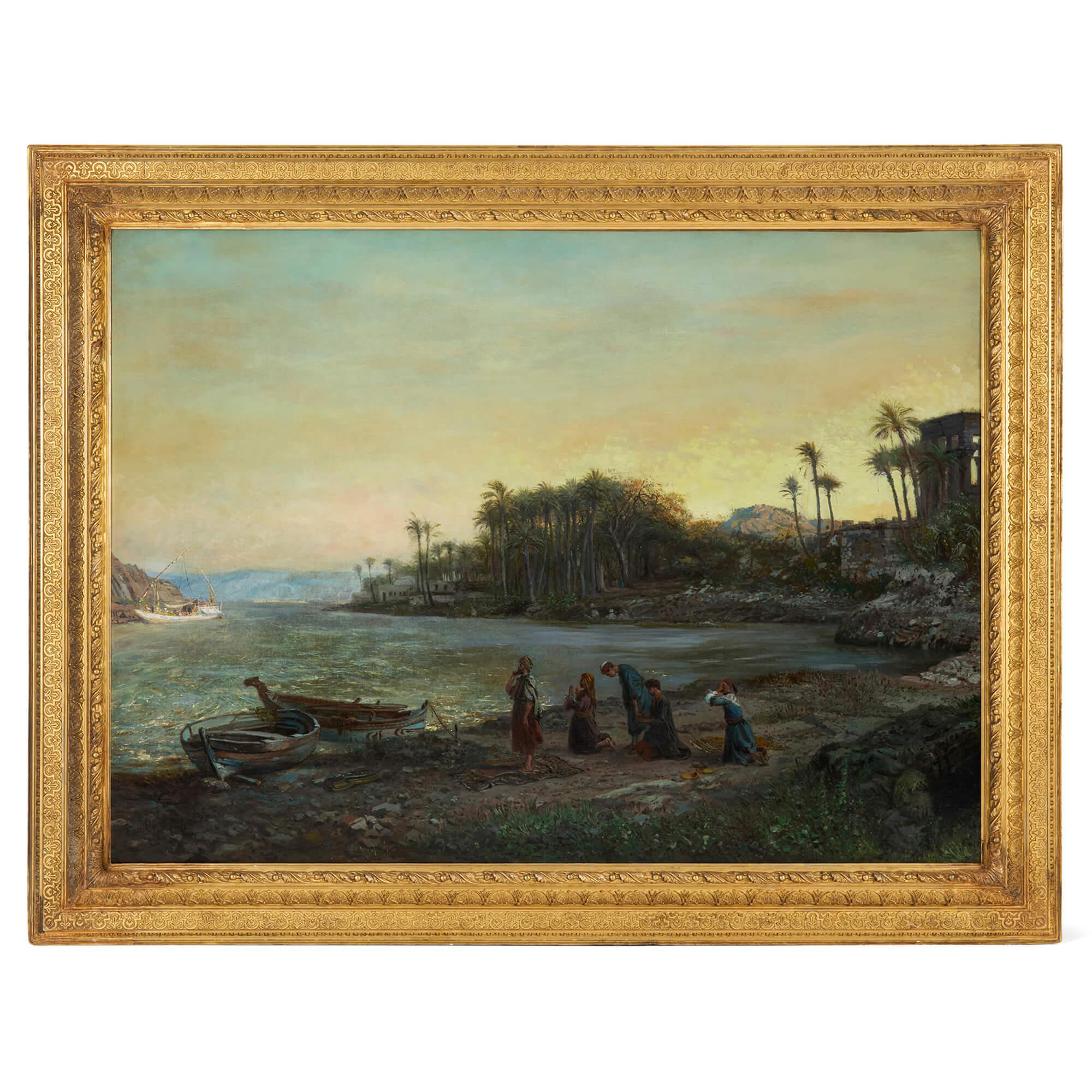 Figurative Painting di Elven, Pierre Tetar van - Grande dipinto orientalista di Van Elven raffigurante figure in preghiera sulla riva del mare