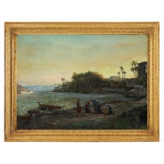 Large Orientalist Painting of Figures Praying at the Shore by Van Elven