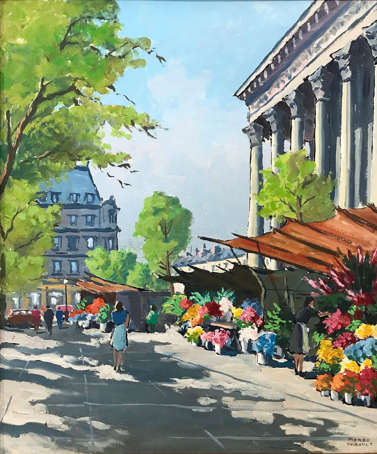 „Flower Stand by the Madeleine“ Französisches impressionistisches Ölgemälde auf Leinwand – Painting von Pierre Thibault