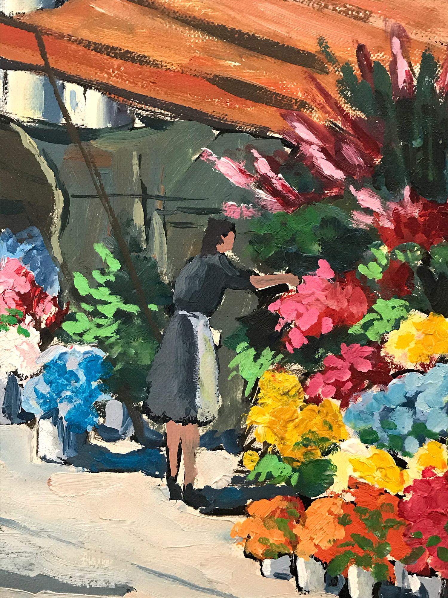 „Flower Stand by the Madeleine“ Französisches impressionistisches Ölgemälde auf Leinwand (Grau), Landscape Painting, von Pierre Thibault